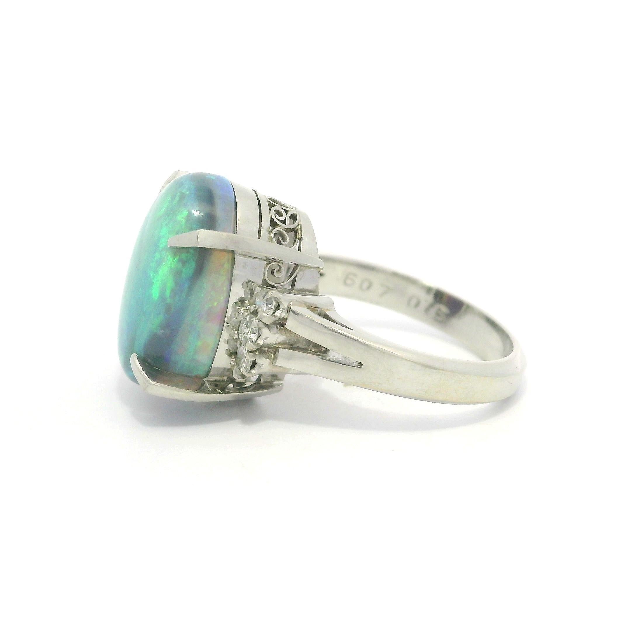 Vintage Platinum Large GIA 6.23ctw Thick Opal & Diamond Sides Solitaire Ring For Sale 9