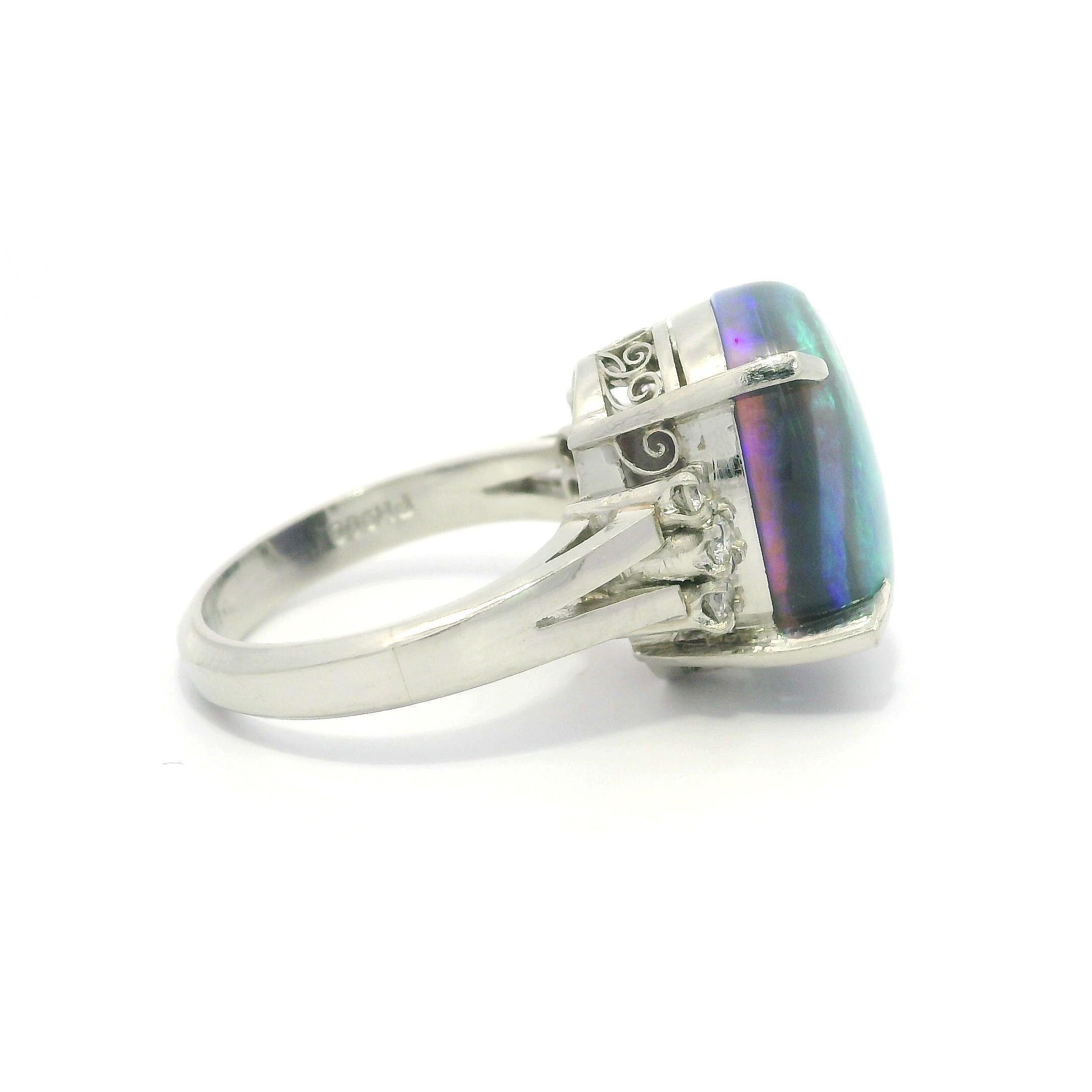 Vintage Platinum Large GIA 6.23ctw Thick Opal & Diamond Sides Solitaire Ring For Sale 10