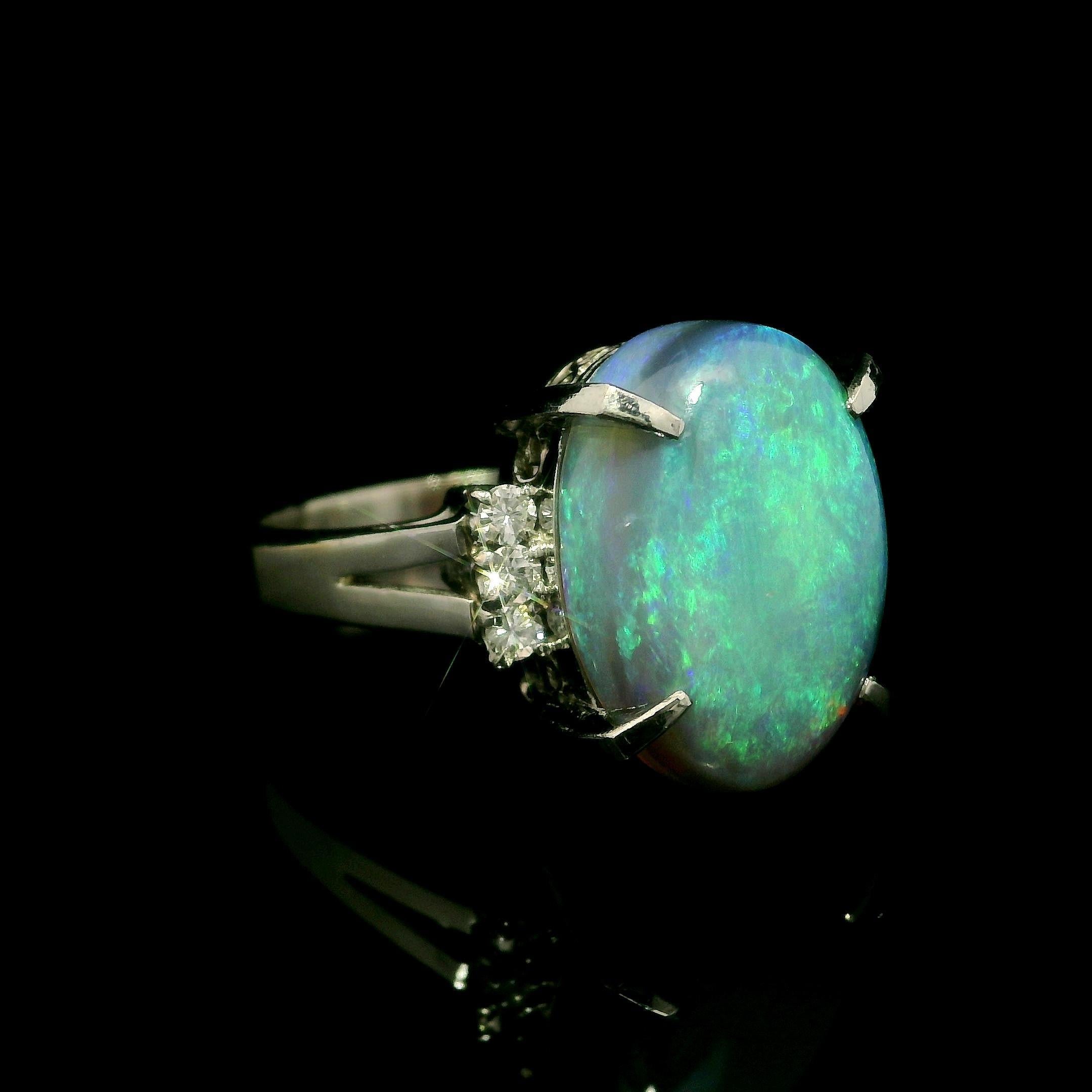 Vintage Platinum Large GIA 6.23ctw Thick Opal & Diamond Sides Solitaire Ring For Sale 12