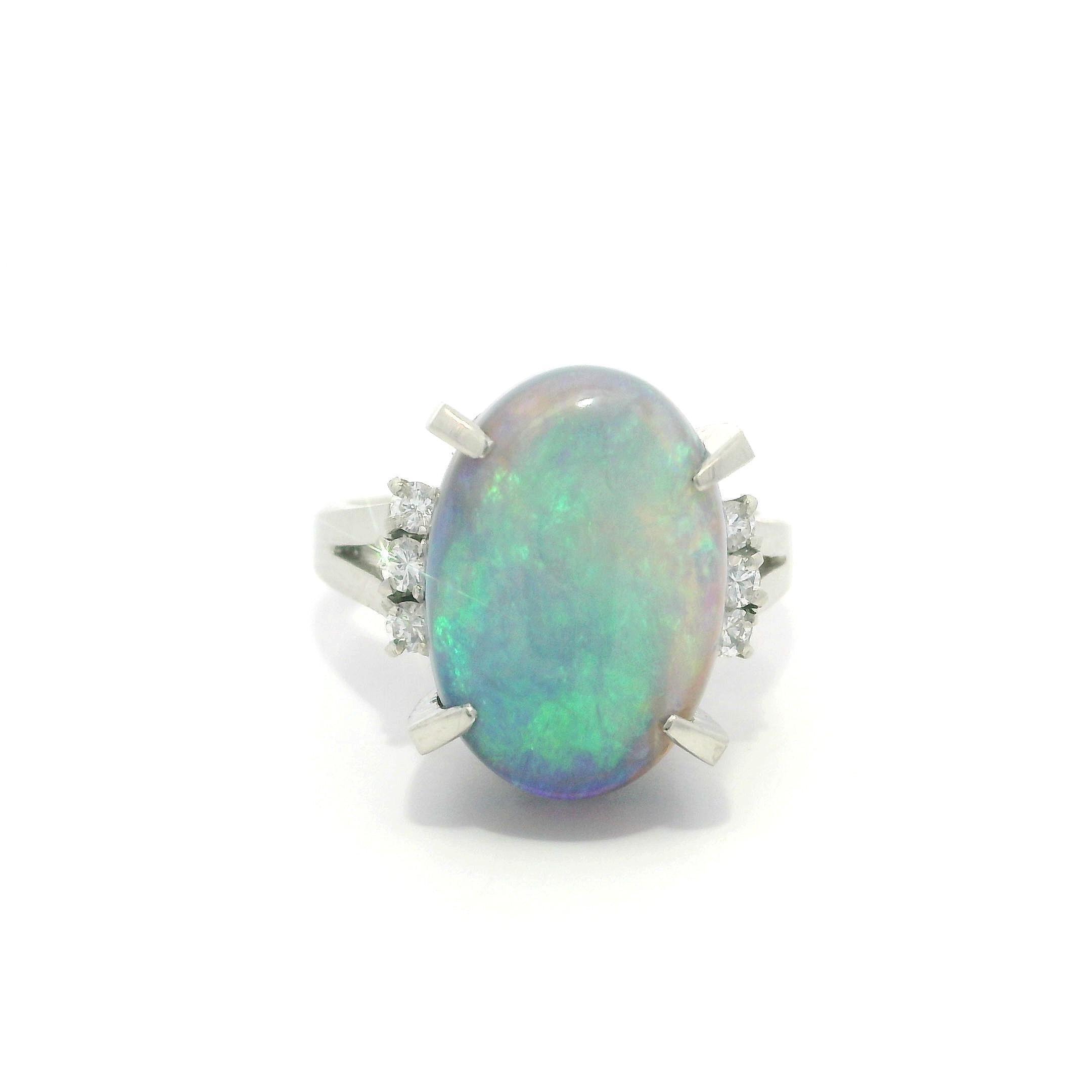 Vintage Platinum Large GIA 6.23ctw Thick Opal & Diamond Sides Solitaire Ring For Sale 13