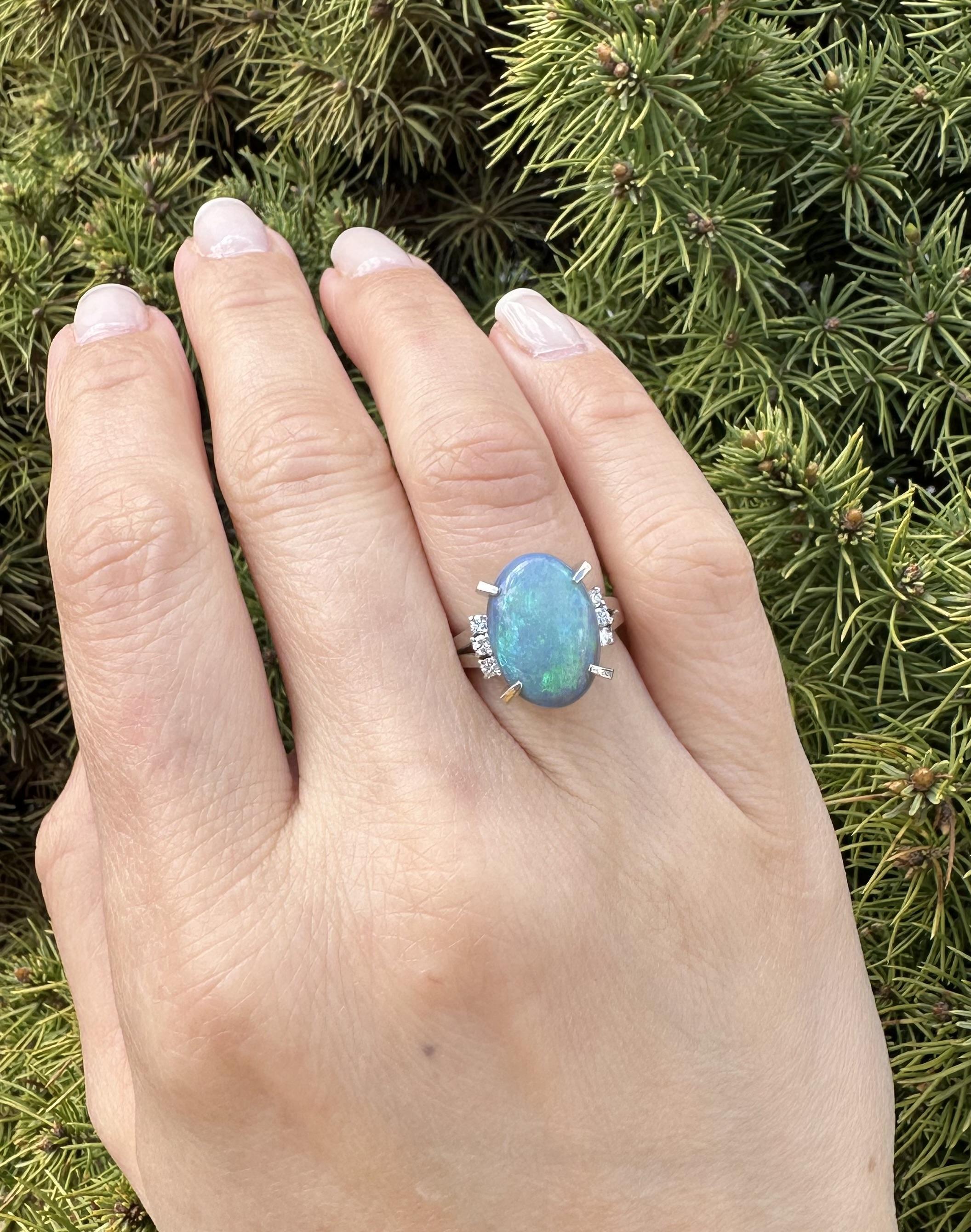 Vintage Platinum Large GIA 6.23ctw Thick Opal & Diamond Sides Solitaire Ring For Sale 14