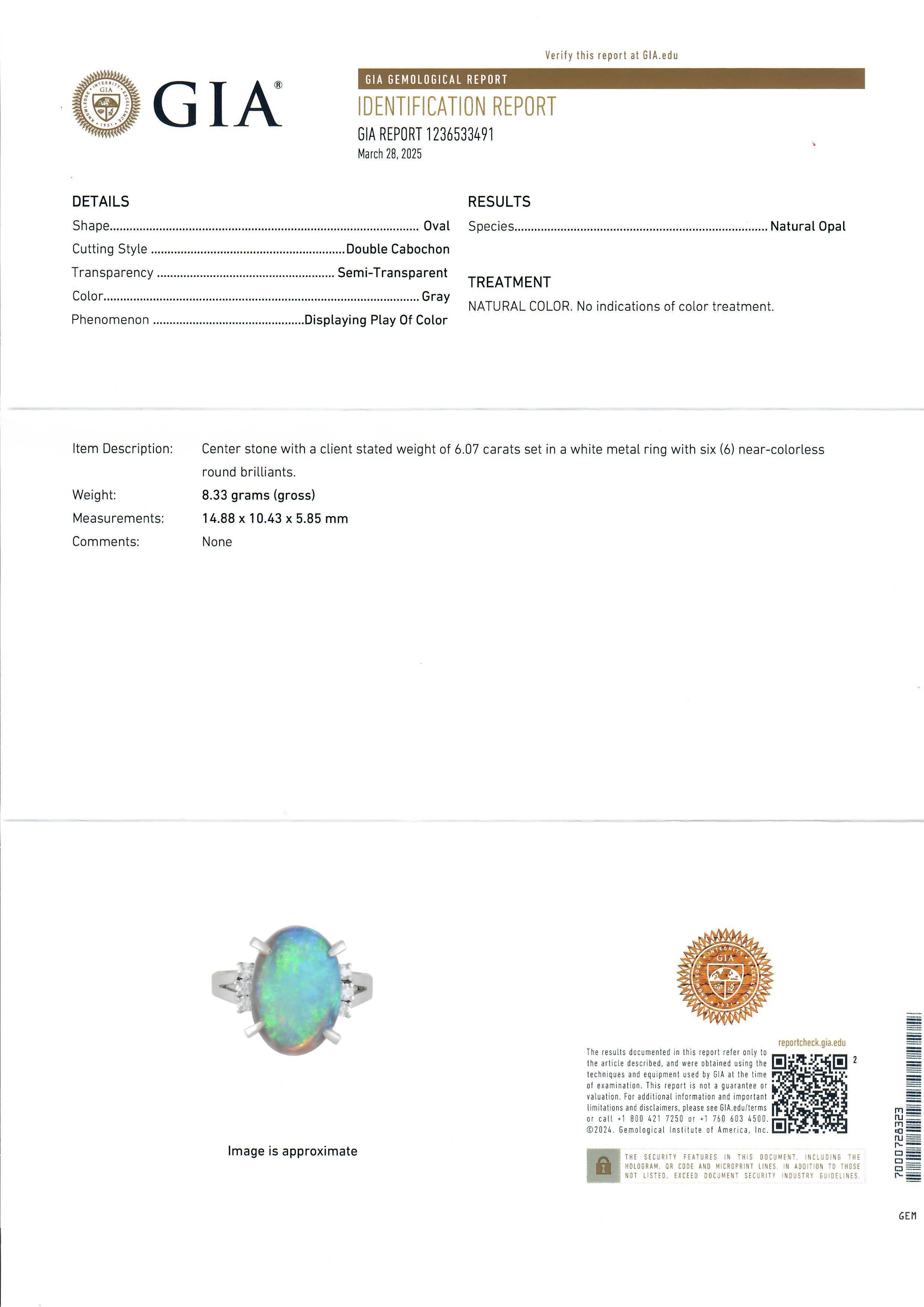 Vintage Platinum Large GIA 6.23ctw Thick Opal & Diamond Sides Solitaire Ring In Excellent Condition For Sale In Montclair, NJ