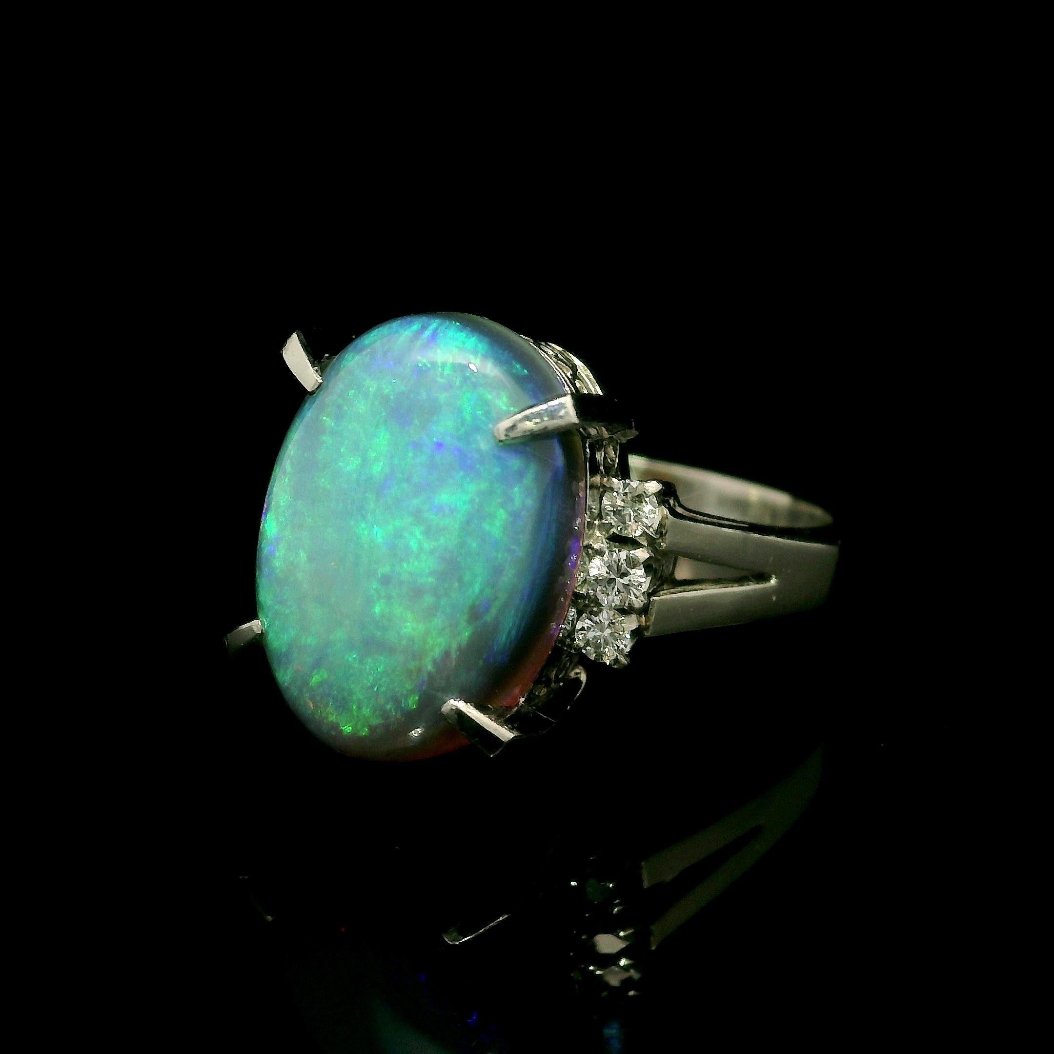 Women's Vintage Platinum Large GIA 6.23ctw Thick Opal & Diamond Sides Solitaire Ring For Sale