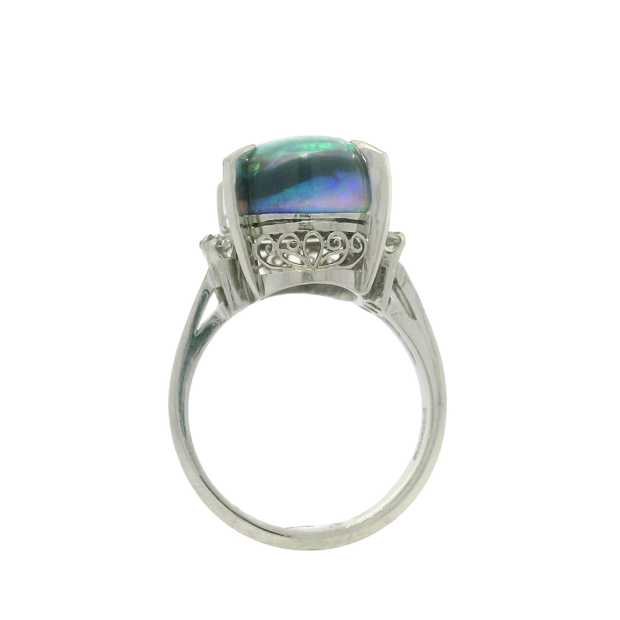 Vintage Platinum Large GIA 6.23ctw Thick Opal & Diamond Sides Solitaire Ring For Sale 3