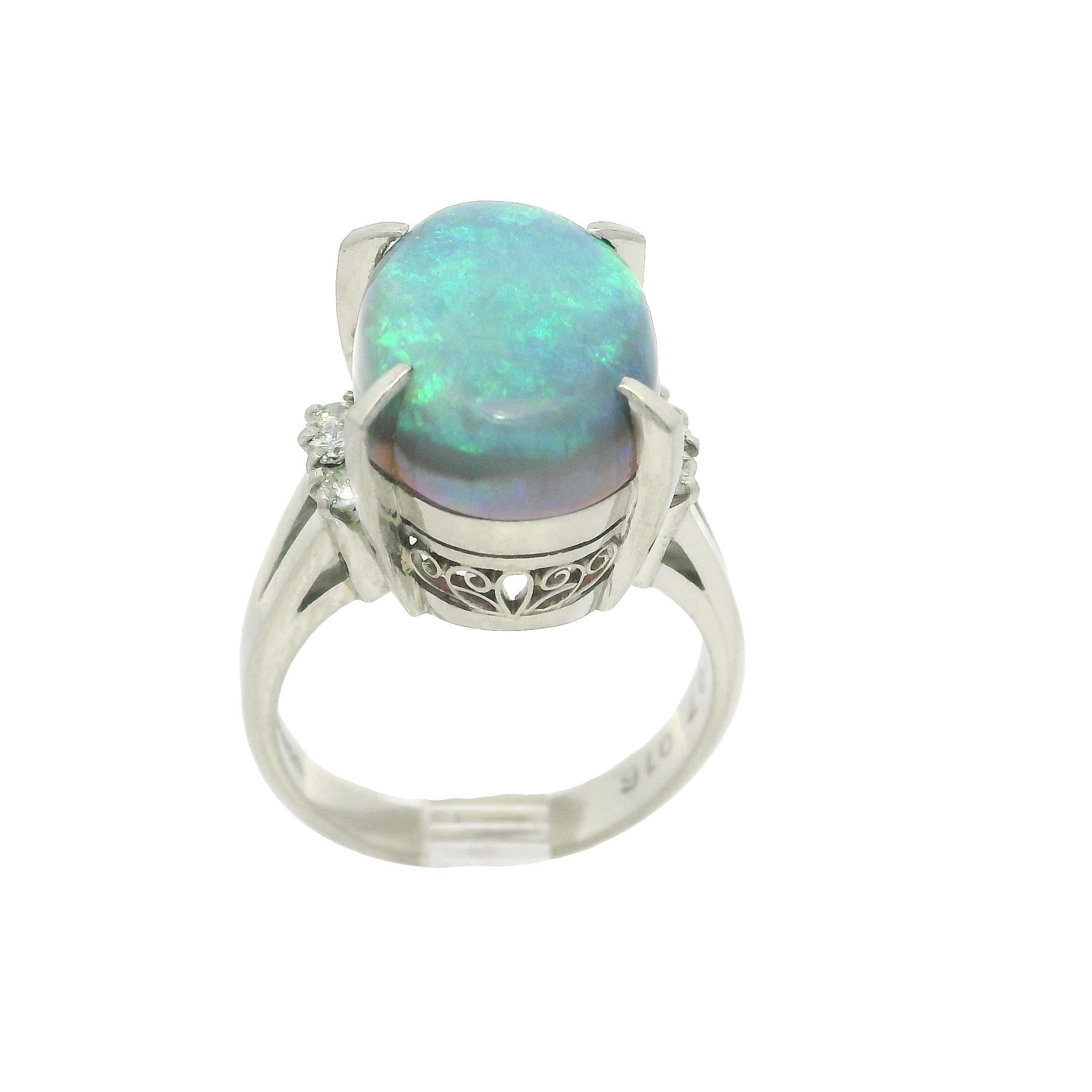 Vintage Platinum Large GIA 6.23ctw Thick Opal & Diamond Sides Solitaire Ring For Sale 4