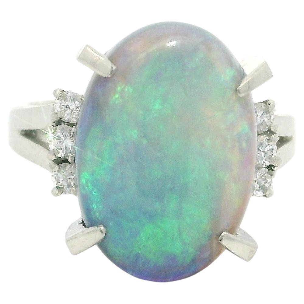 Vintage Platinum Large GIA 6.23ctw Thick Opal & Diamond Sides Solitaire Ring