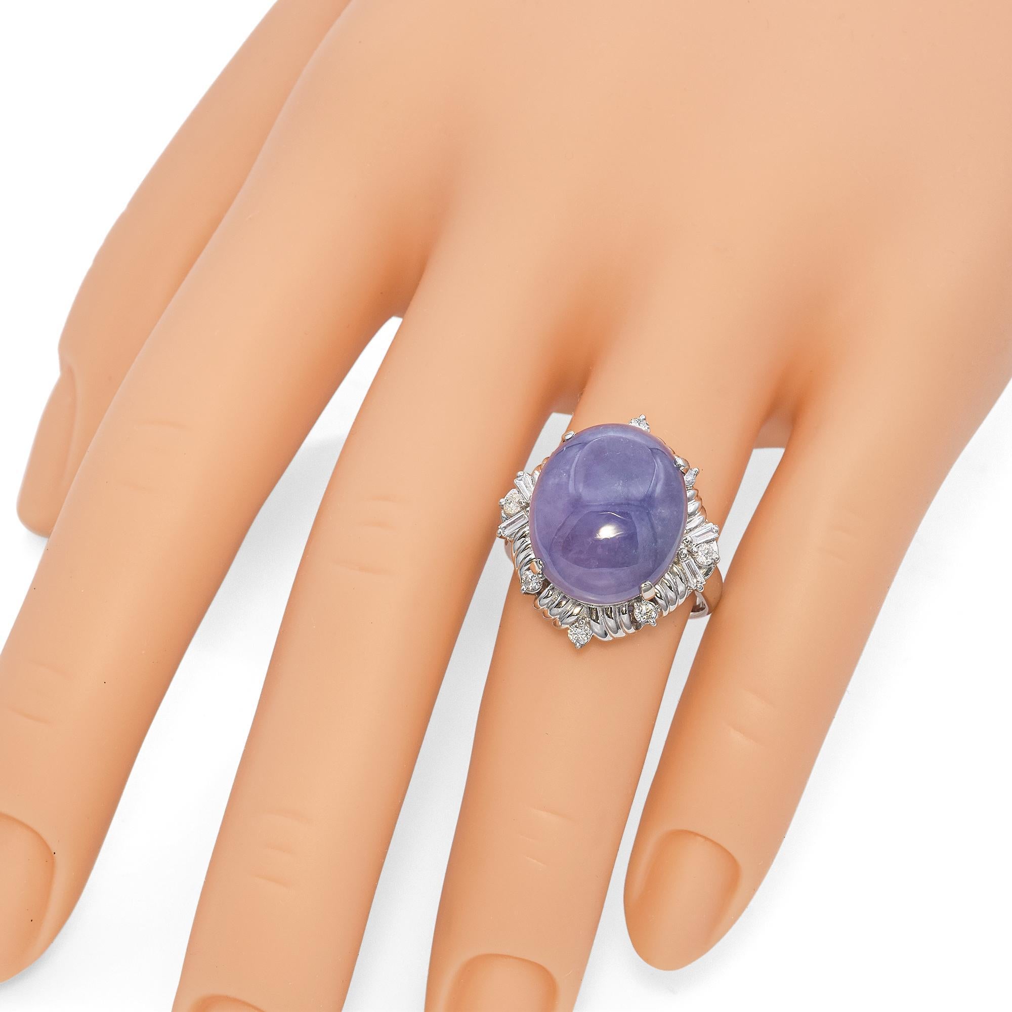 Vintage Platinum Lavender Jadeite and Diamond Cocktail Ring For Sale 3