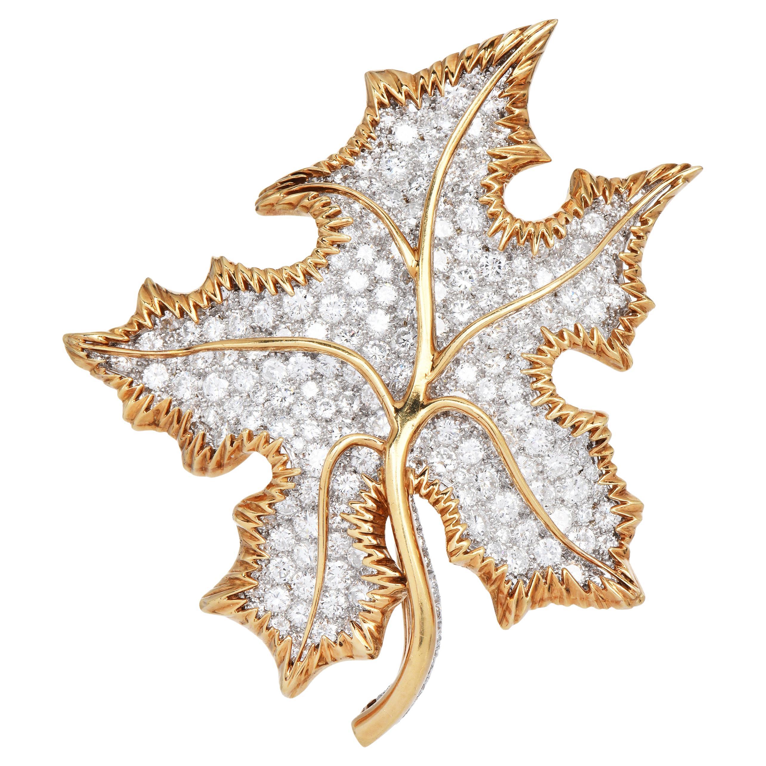 Vintage By Platin Ahornblatt 20,00cts Diamant 18K Gelbgold Brosche Pin
