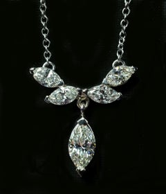 Vintage Platinum Marquise Diamond Dangle Drop Necklace 5 stone Estate Jewelry