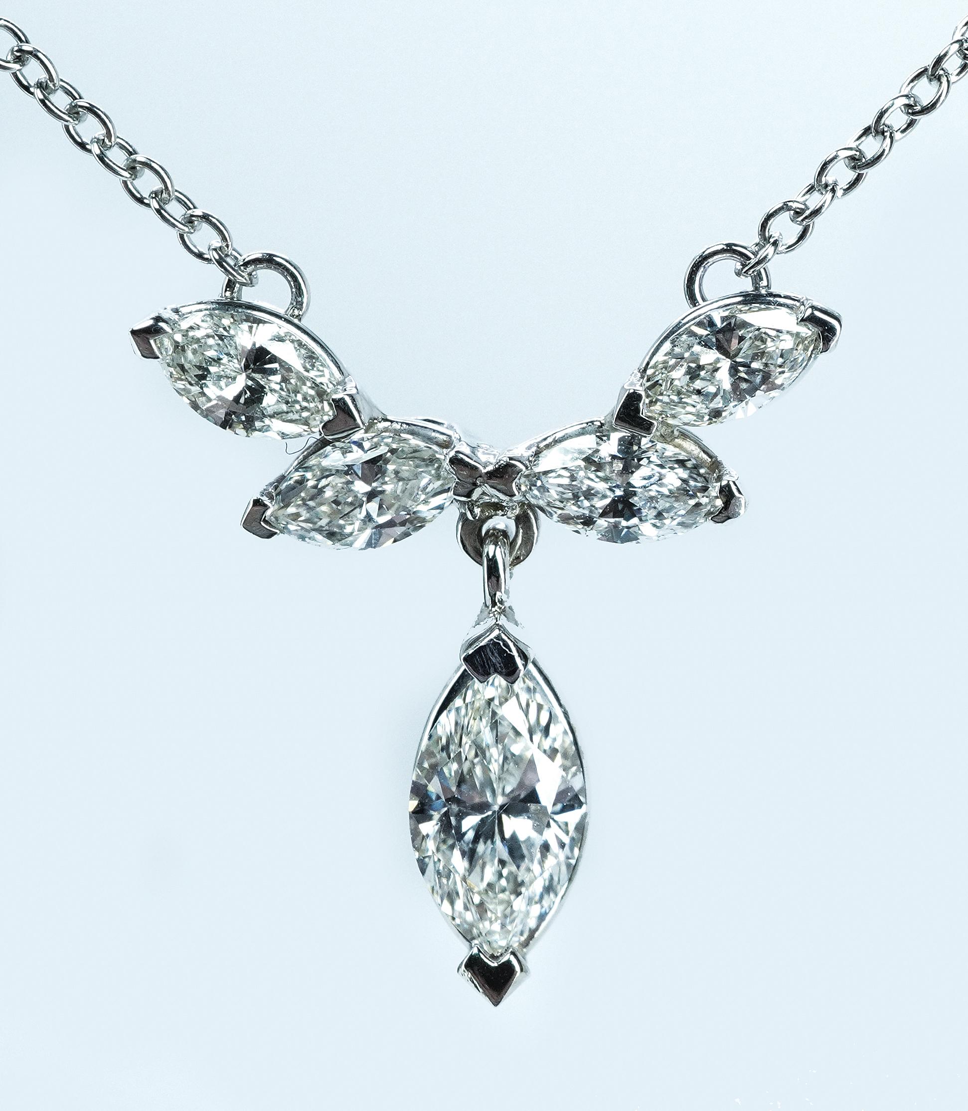 Taglio marquise Vintage Platinum Marquise Diamond Dangle Drop Necklace 5 stone Estate Jewelry in vendita