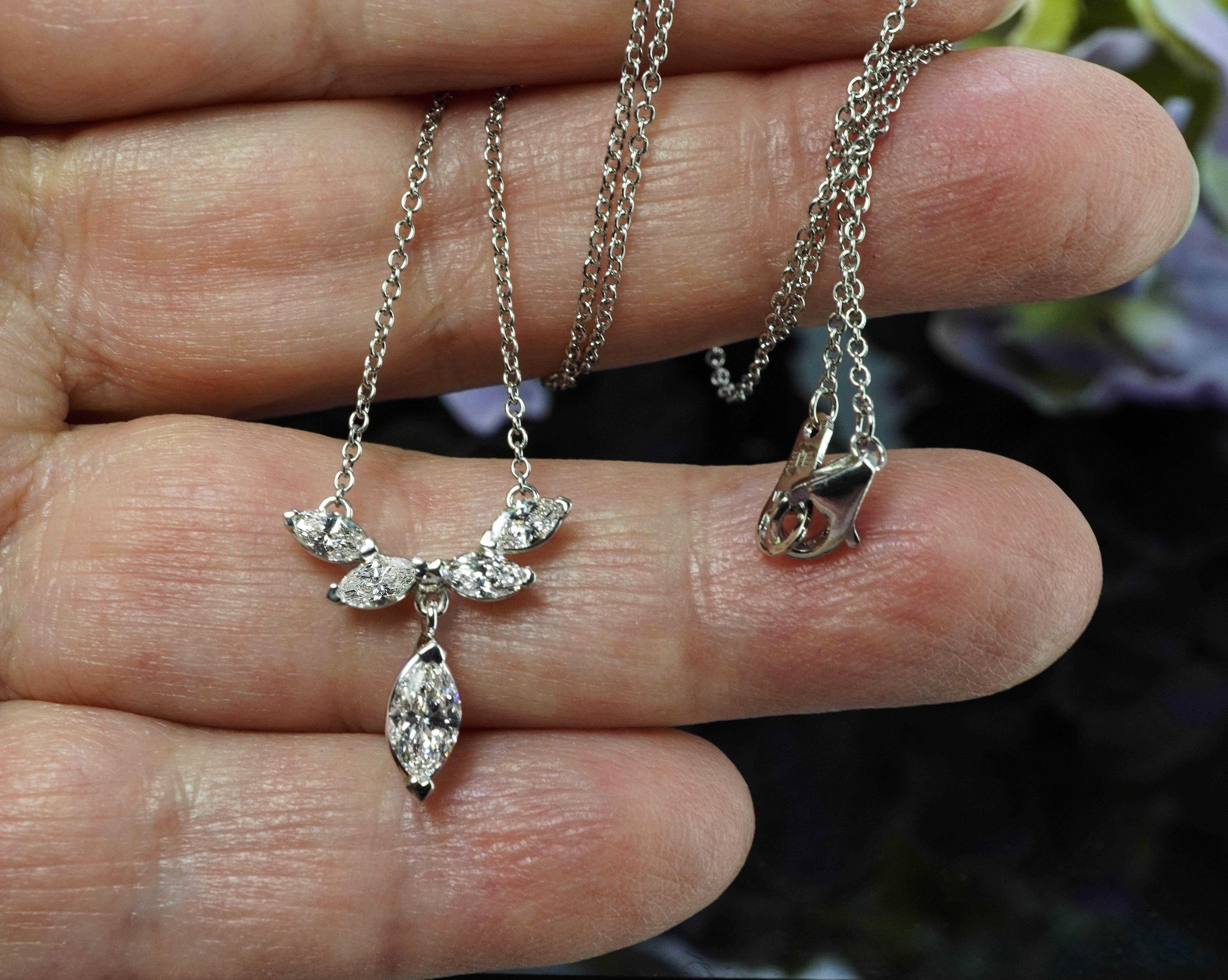 Vintage Platinum Marquise Diamond Dangle Drop Necklace 5 stone Estate Jewelry In condizioni buone in vendita a Brambleton, US