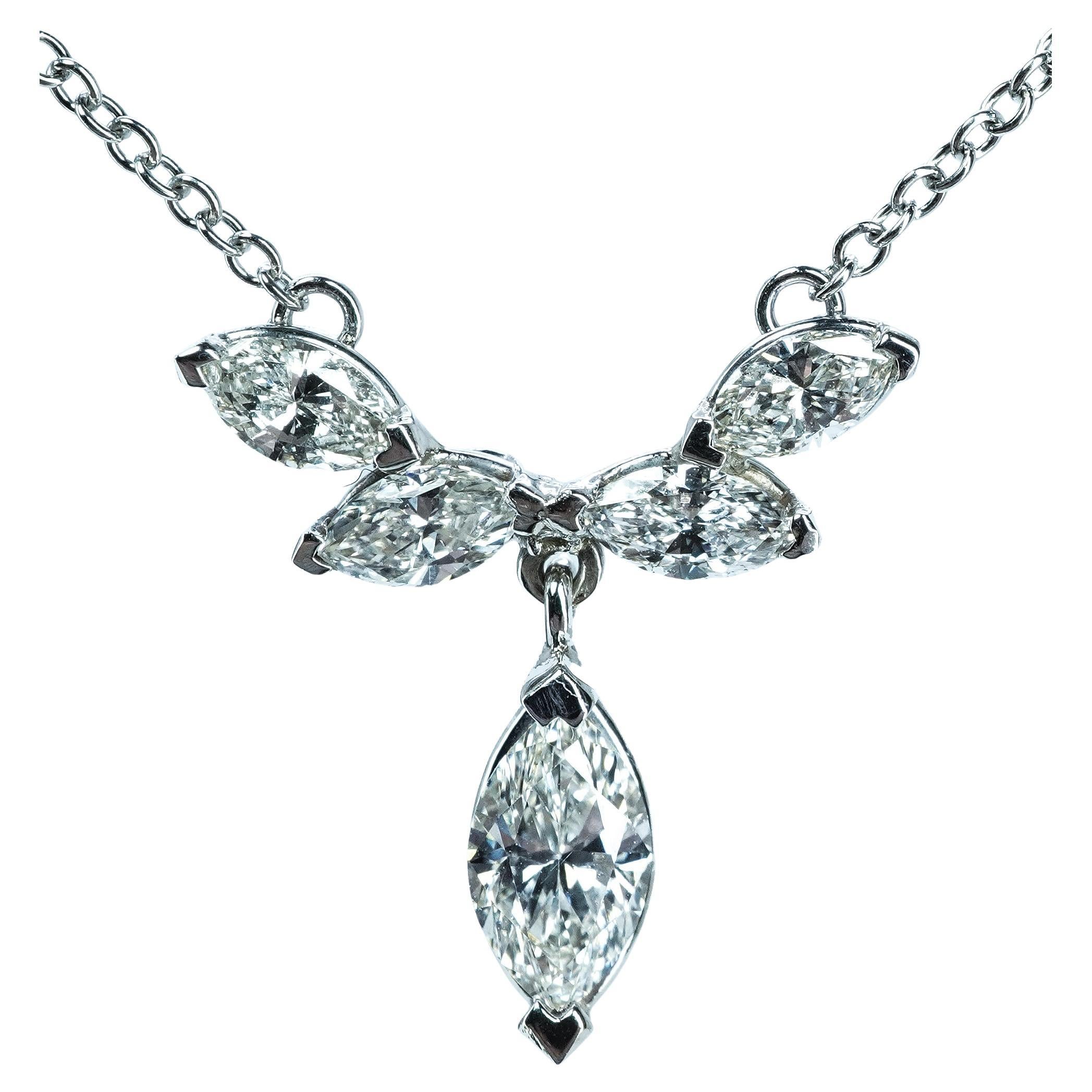 Vintage Platinum Marquise Diamond Dangle Drop Necklace 5 stone Estate Jewelry