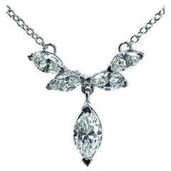 Vintage Platinum Marquise Diamond Dangle Drop Necklace 5 stone Estate Jewelry