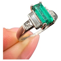 Vintage Platinum, Natural Emerald & Baguette Cut Diamond Ring