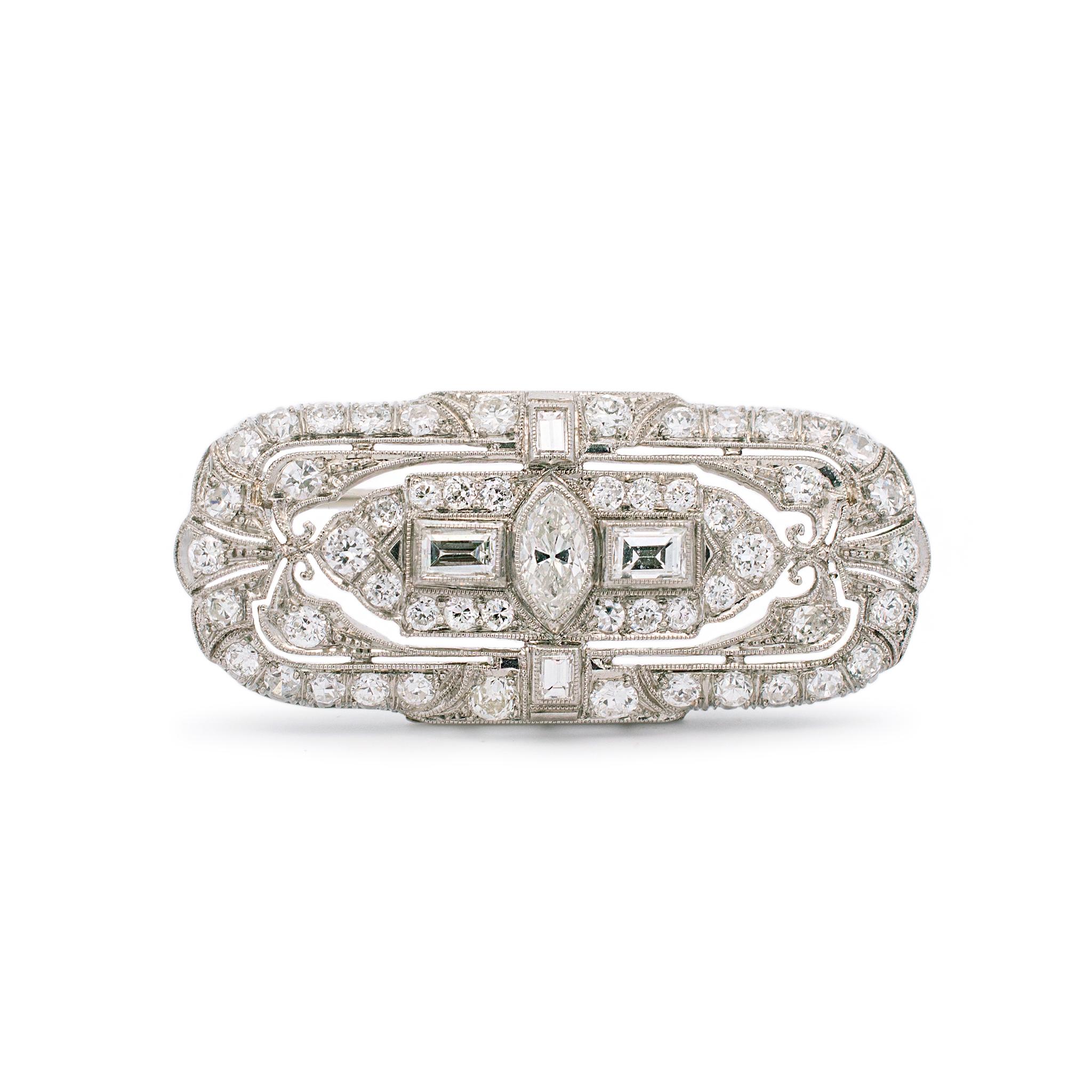 Vintage Platinum Natural Marquise Baguette Round Diamond Pin Brooch For Sale