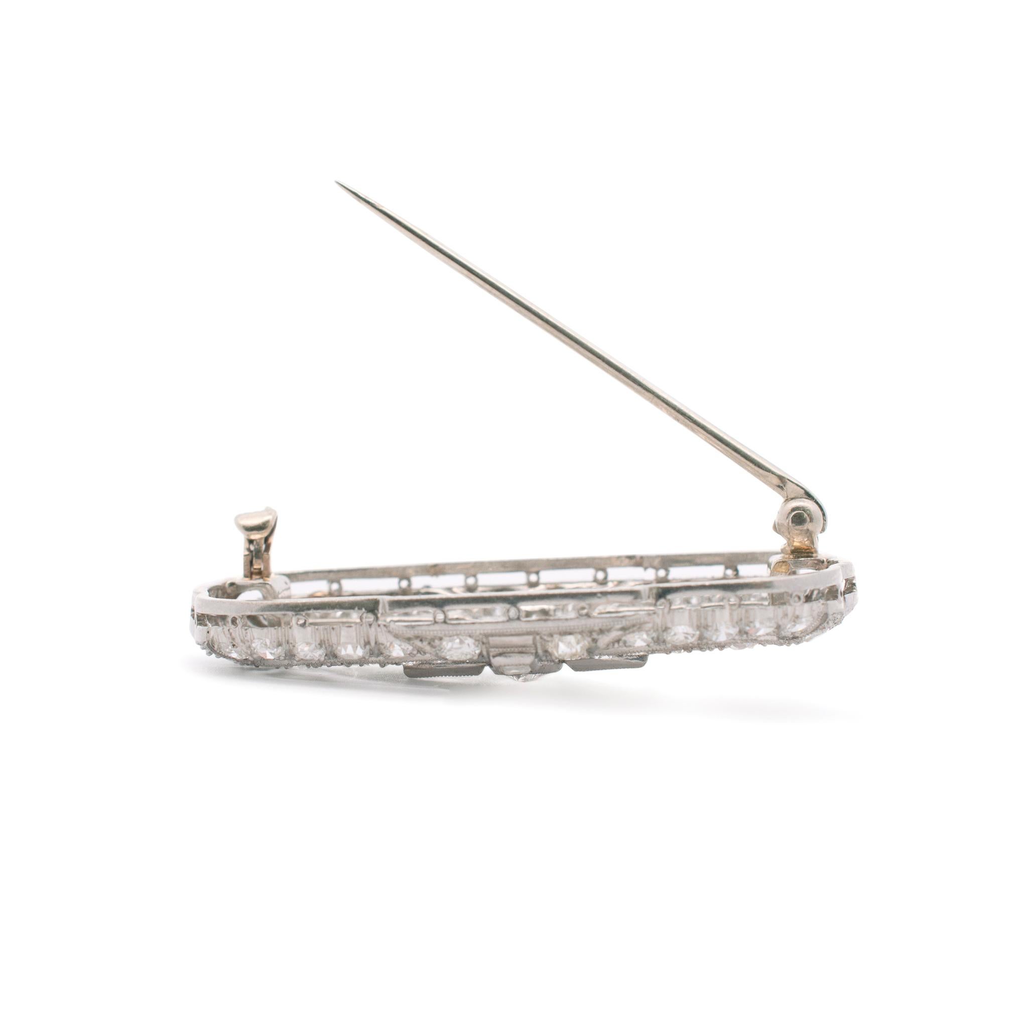 Marquise Cut Vintage Platinum Natural Marquise Baguette Round Diamond Pin Brooch For Sale