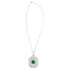 Vintage Platinum Necklace With 3.16 Carat Minor Oil Emerald & Diamonds