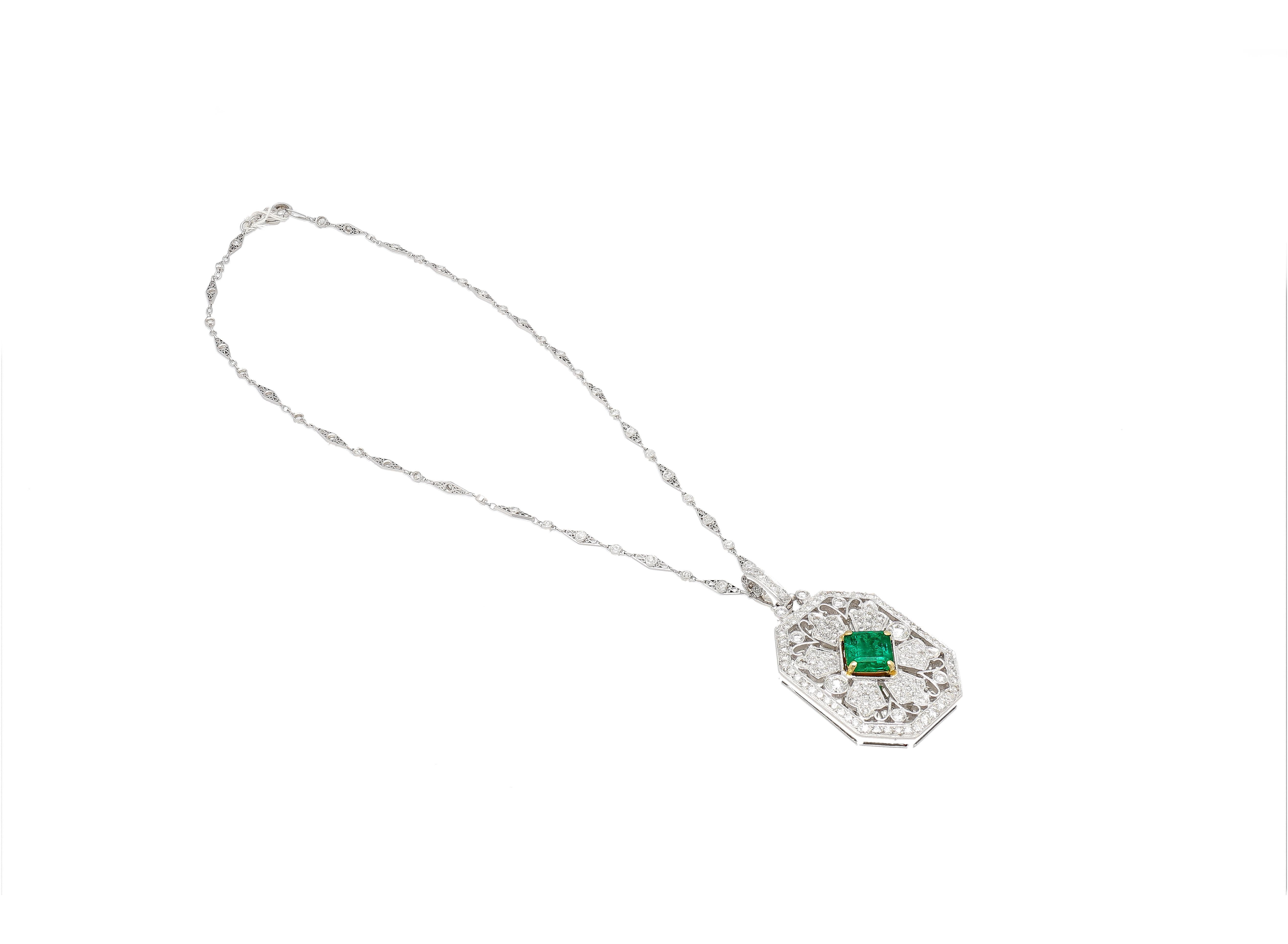 Emerald Cut Vintage Platinum Necklace With 3.16 Carat Minor Oil Emerald & Diamonds For Sale
