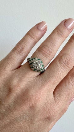 Vintage Platinum Old Cut Diamond Emerald Cocktail Ring