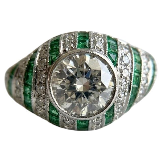 Vintage Platinum Old Cut Diamond Emerald Cocktail Ring