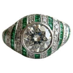Vintage Platinum Old Cut Diamond Emerald Cocktail Ring