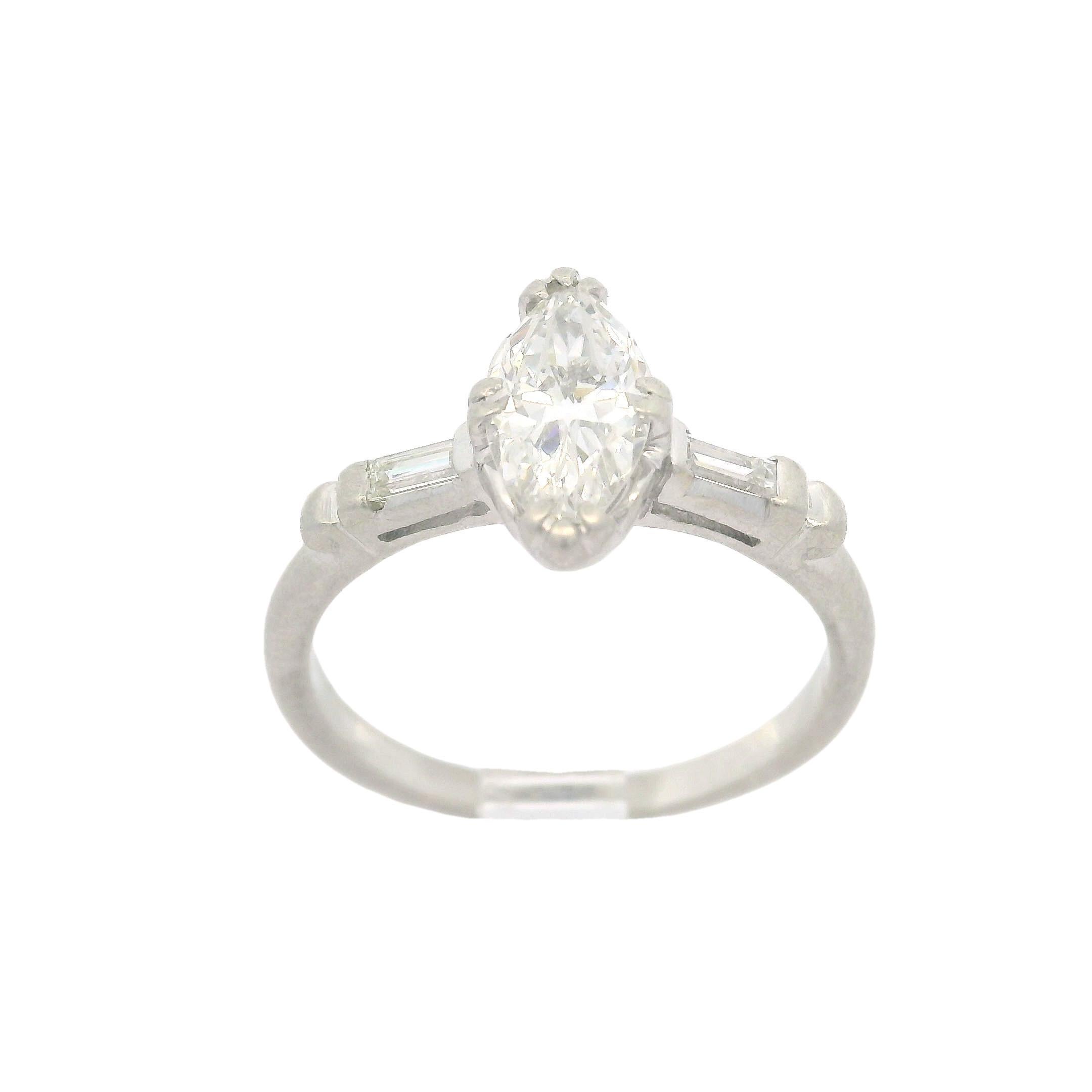 Vintage Platinum Old Cut Marquise & Baguette Diamond Solitaire Engagement Ring 5
