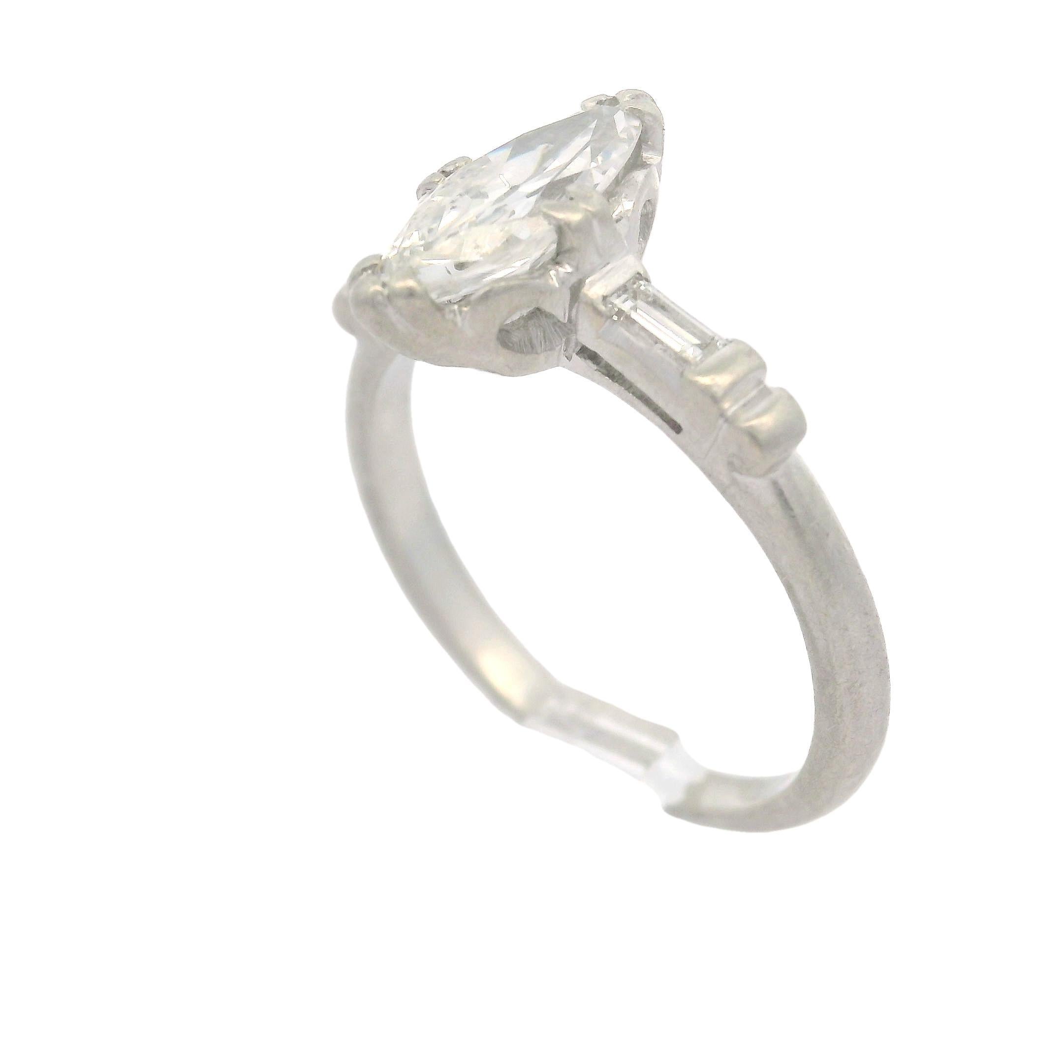 Vintage Platinum Old Cut Marquise & Baguette Diamond Solitaire Engagement Ring 6