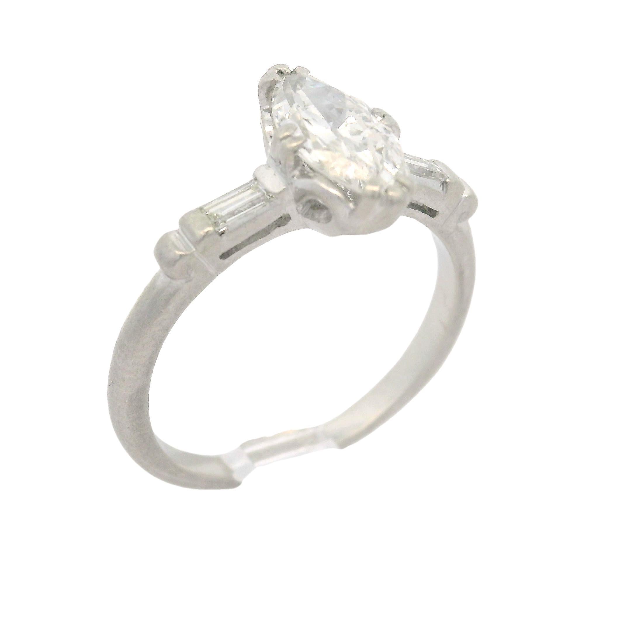 Vintage Platinum Old Cut Marquise & Baguette Diamond Solitaire Engagement Ring 7