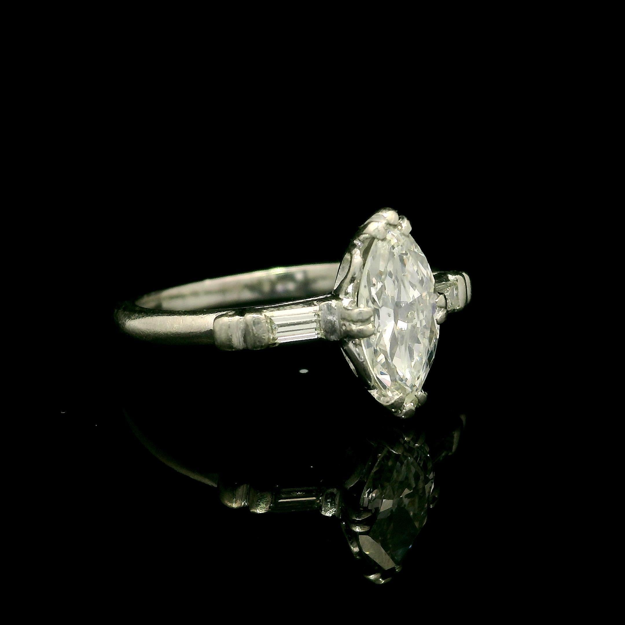 Marquise Cut Vintage Platinum Old Cut Marquise & Baguette Diamond Solitaire Engagement Ring