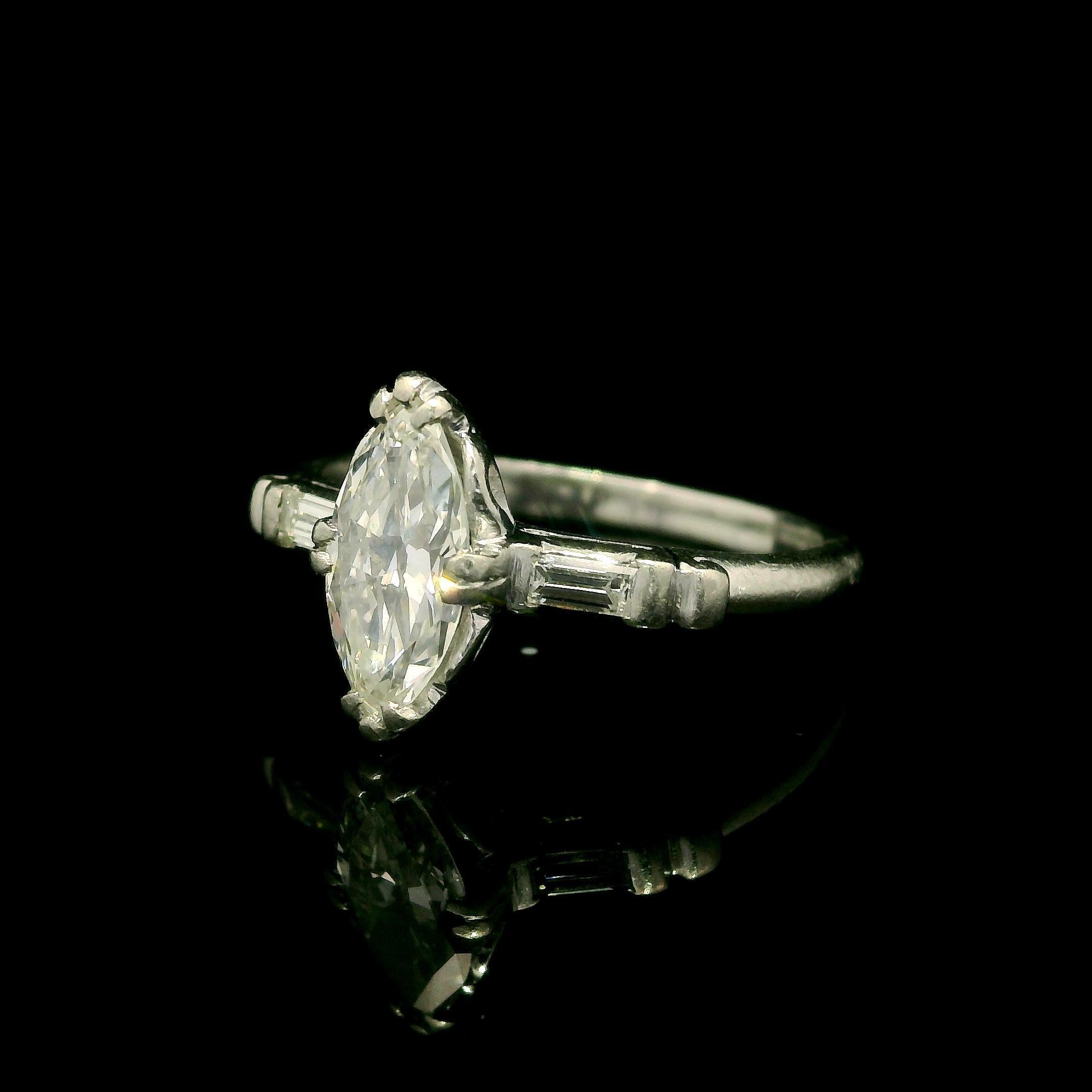 Vintage Platinum Old Cut Marquise & Baguette Diamond Solitaire Engagement Ring In Good Condition In Montclair, NJ