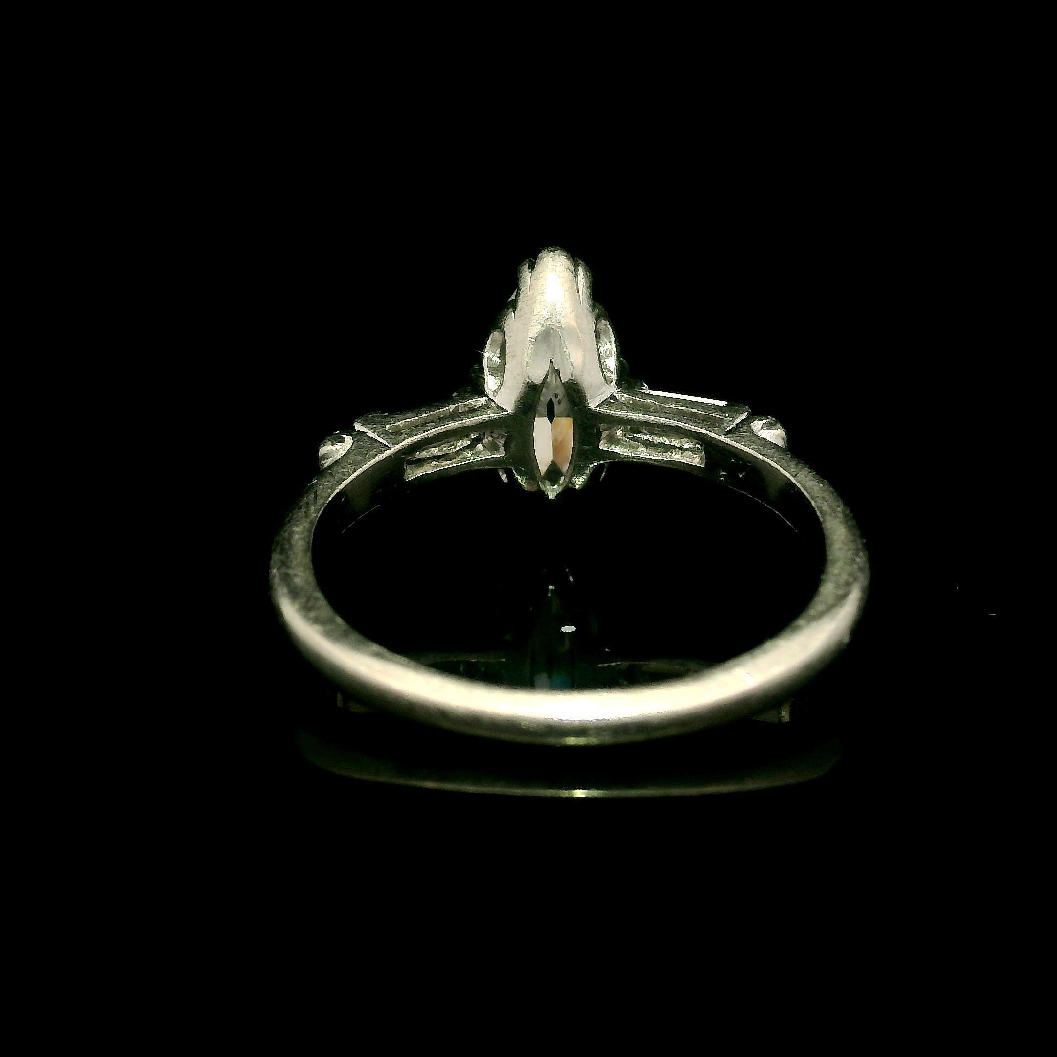 Women's Vintage Platinum Old Cut Marquise & Baguette Diamond Solitaire Engagement Ring
