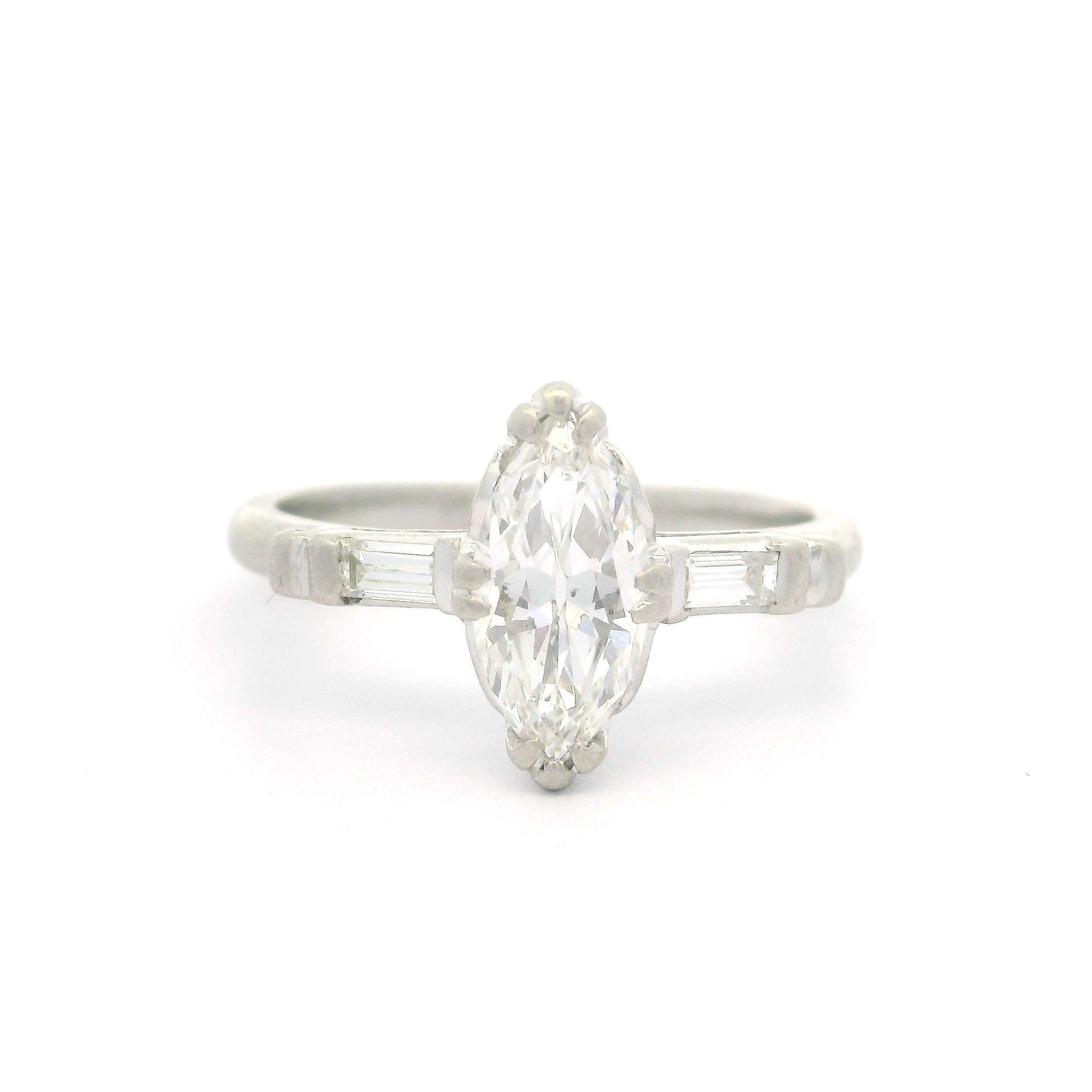 Vintage Platinum Old Cut Marquise & Baguette Diamond Solitaire Engagement Ring 2