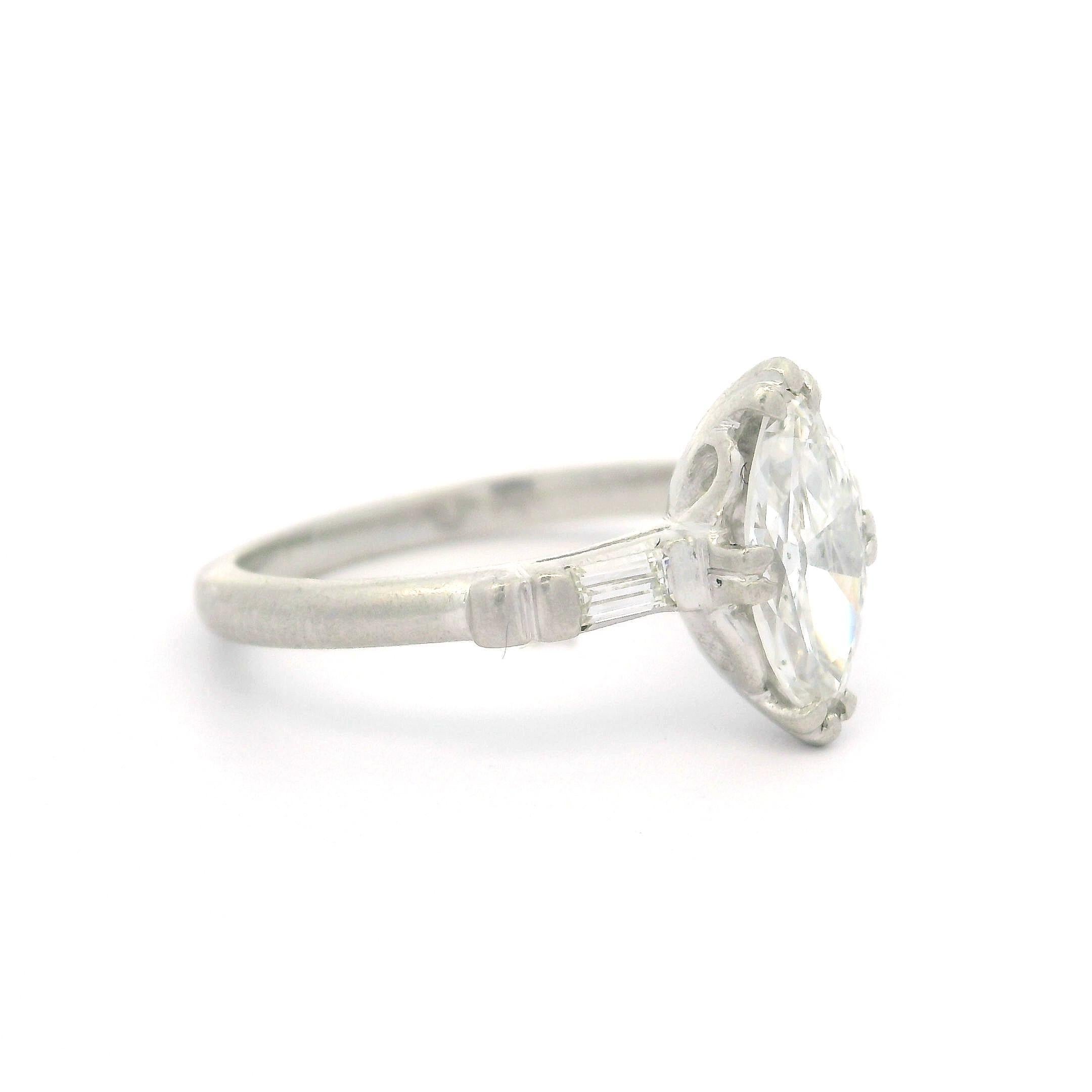 Vintage Platinum Old Cut Marquise & Baguette Diamond Solitaire Engagement Ring 3