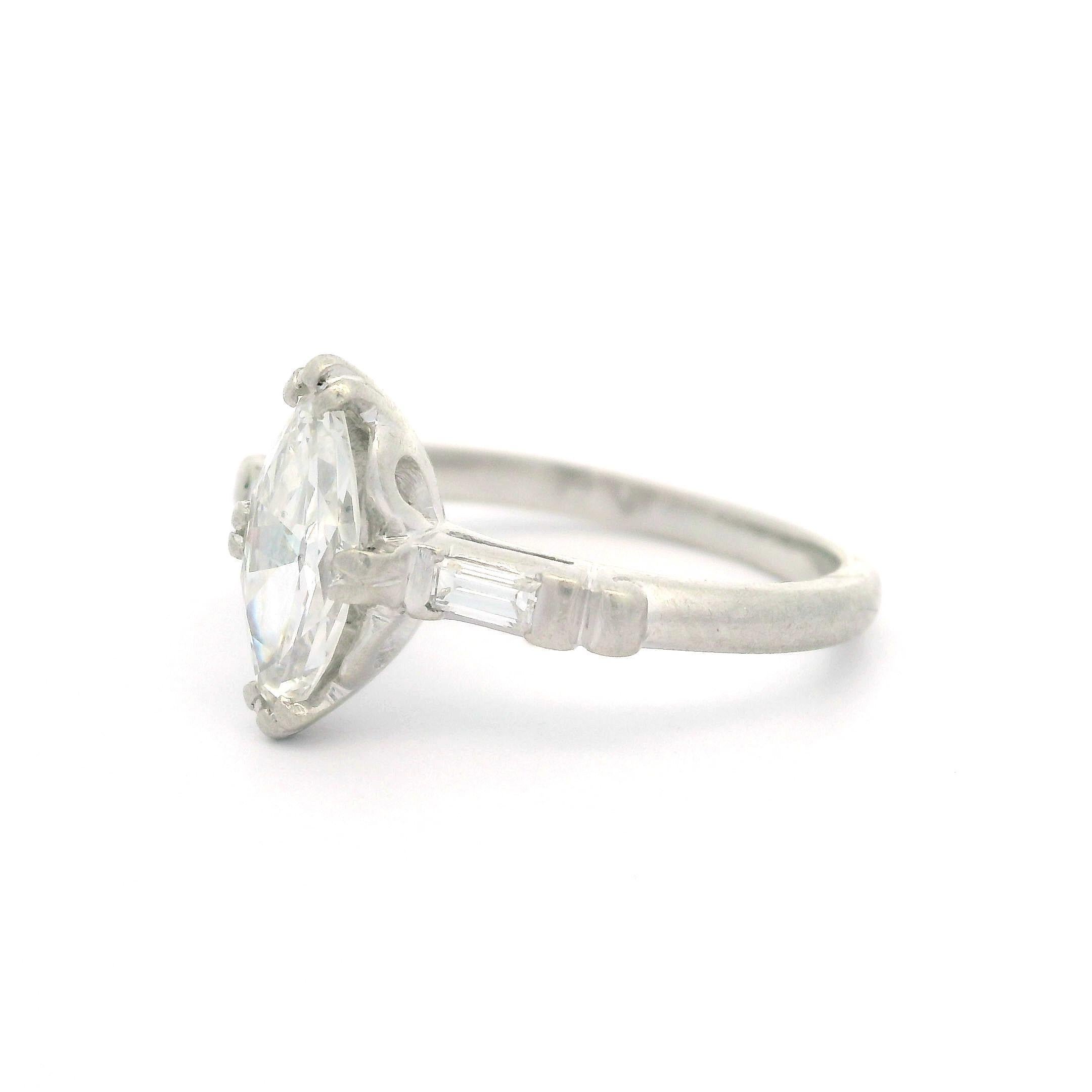 Vintage Platinum Old Cut Marquise & Baguette Diamond Solitaire Engagement Ring 4
