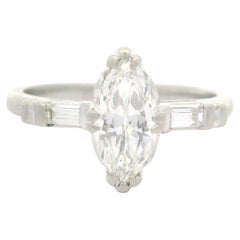 Vintage Platinum Old Cut Marquise & Baguette Diamond Solitaire Engagement Ring