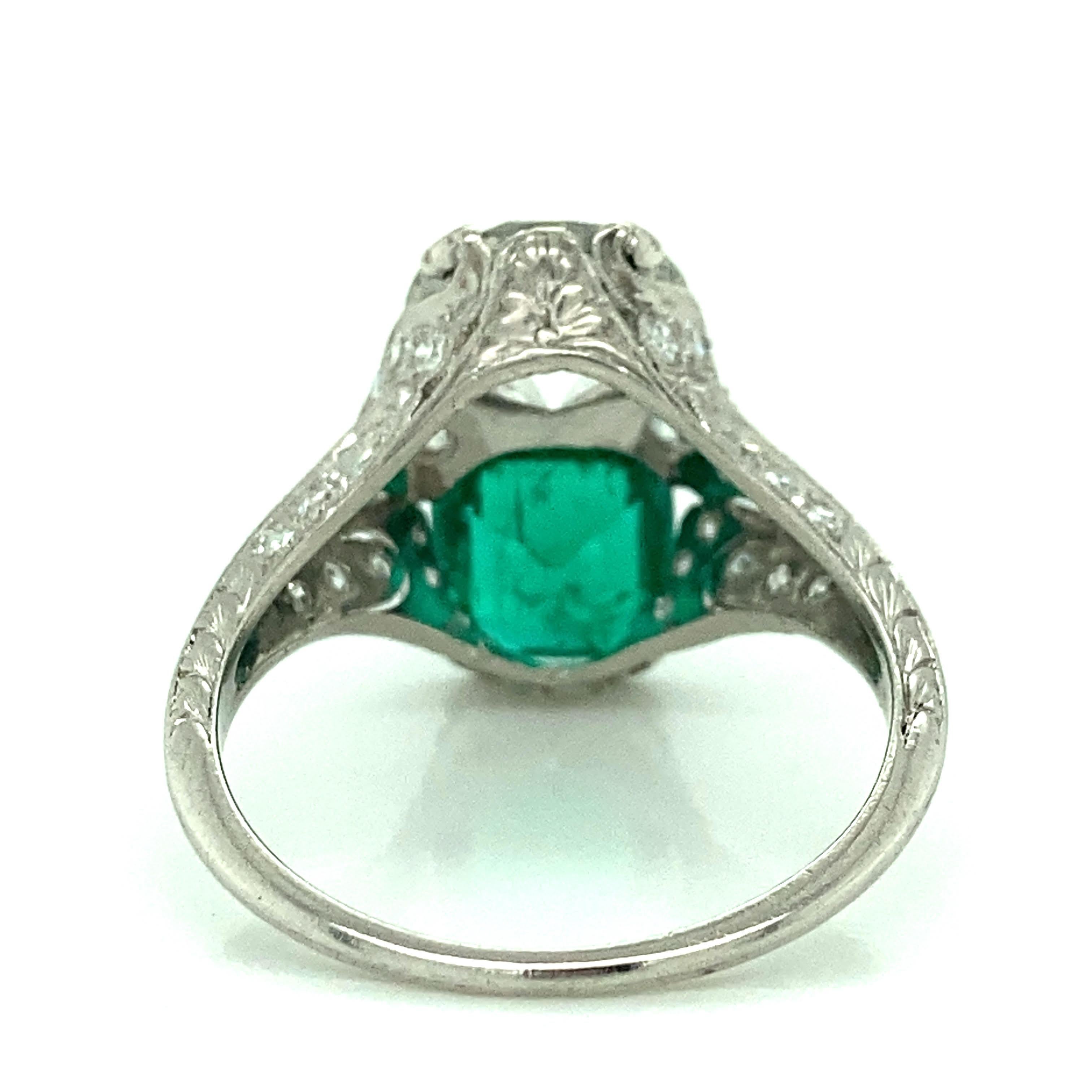 Art Deco Vintage Platinum Old European 1.96 Carat Columbian Emerald 1.43ct GIA Ring For Sale