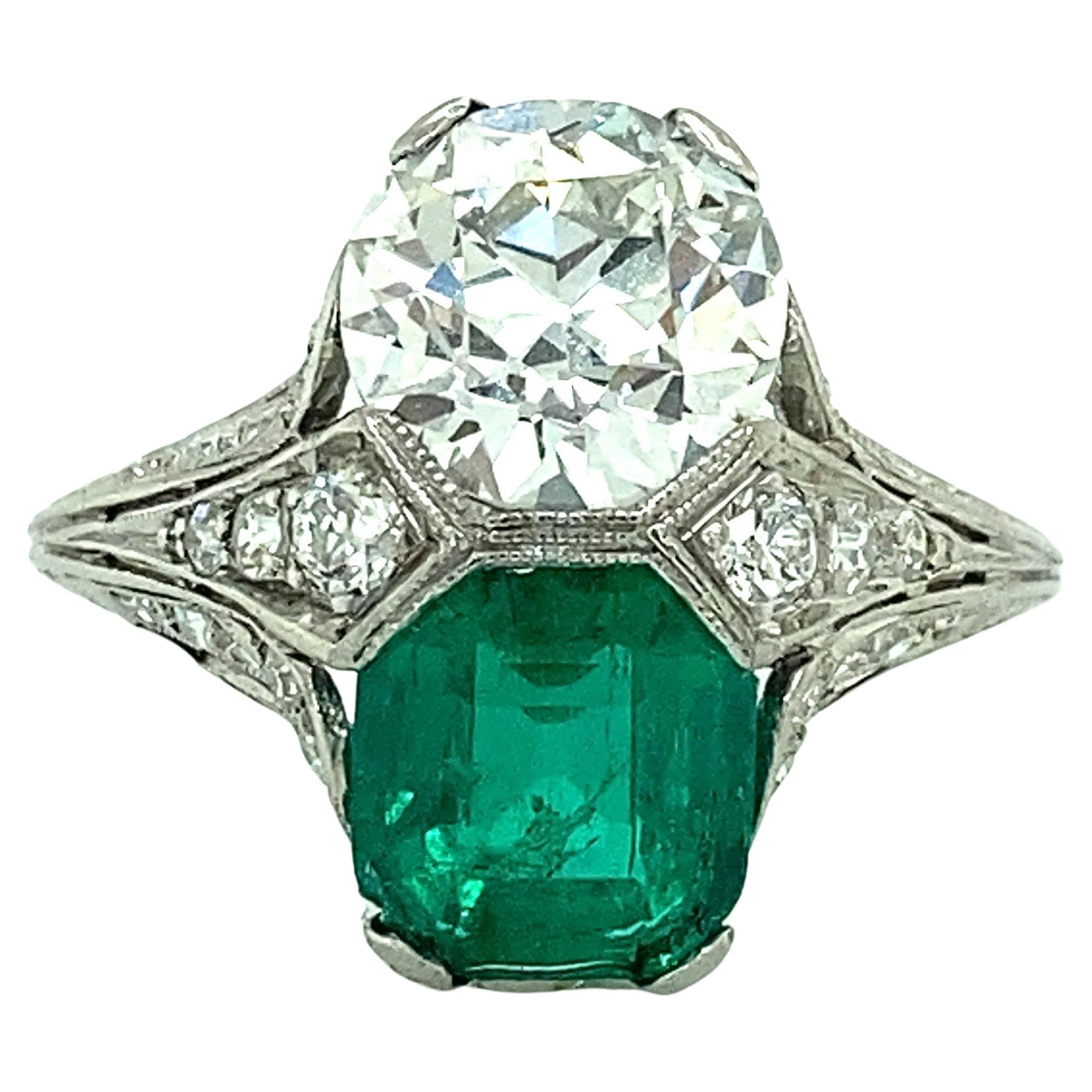 Vintage Platinum Old European 1.96 Carat Columbian Emerald 1.43ct GIA Ring For Sale