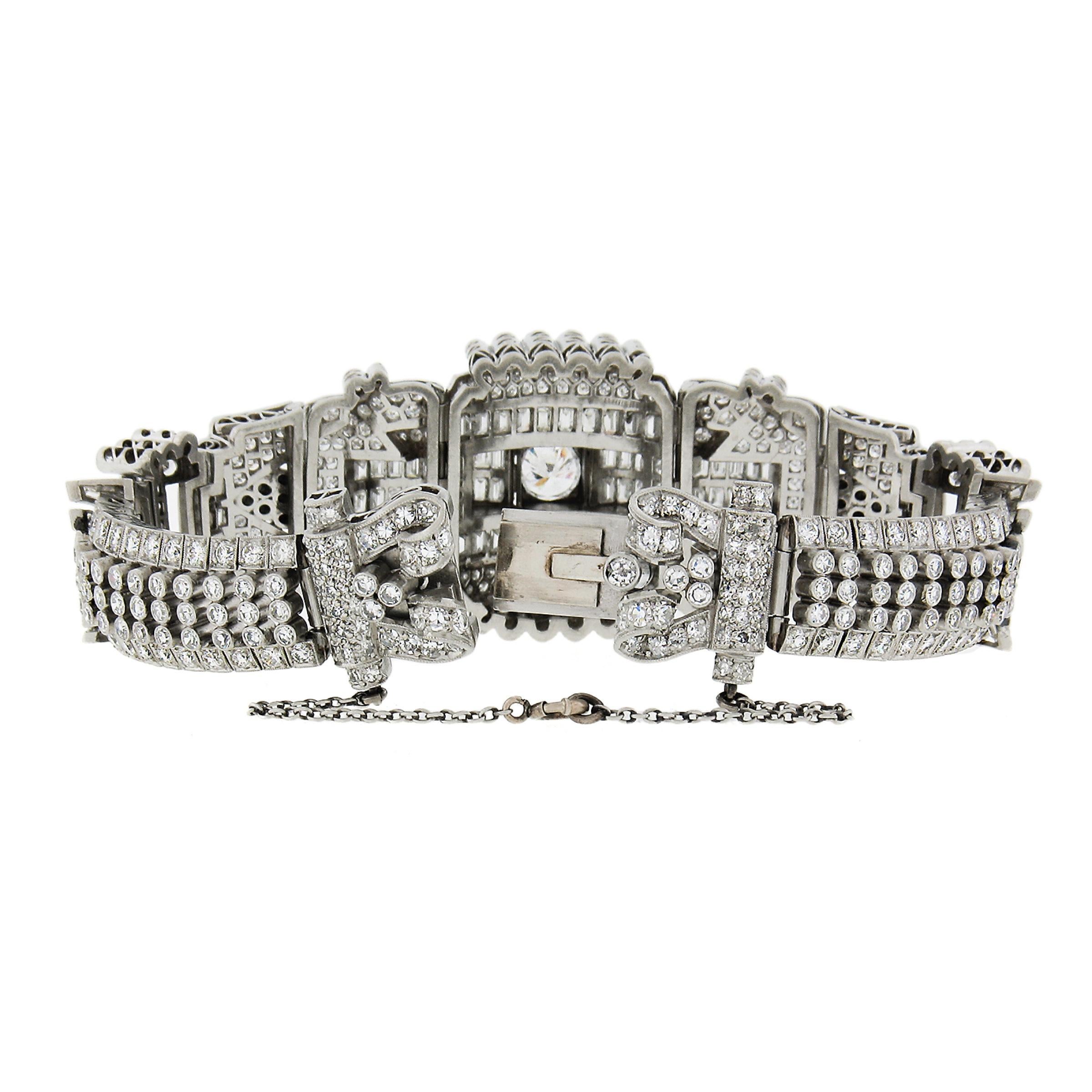 Women's or Men's Vintage Platinum Old European & Baguette Diamond Fancy Link Statement Bracelet For Sale