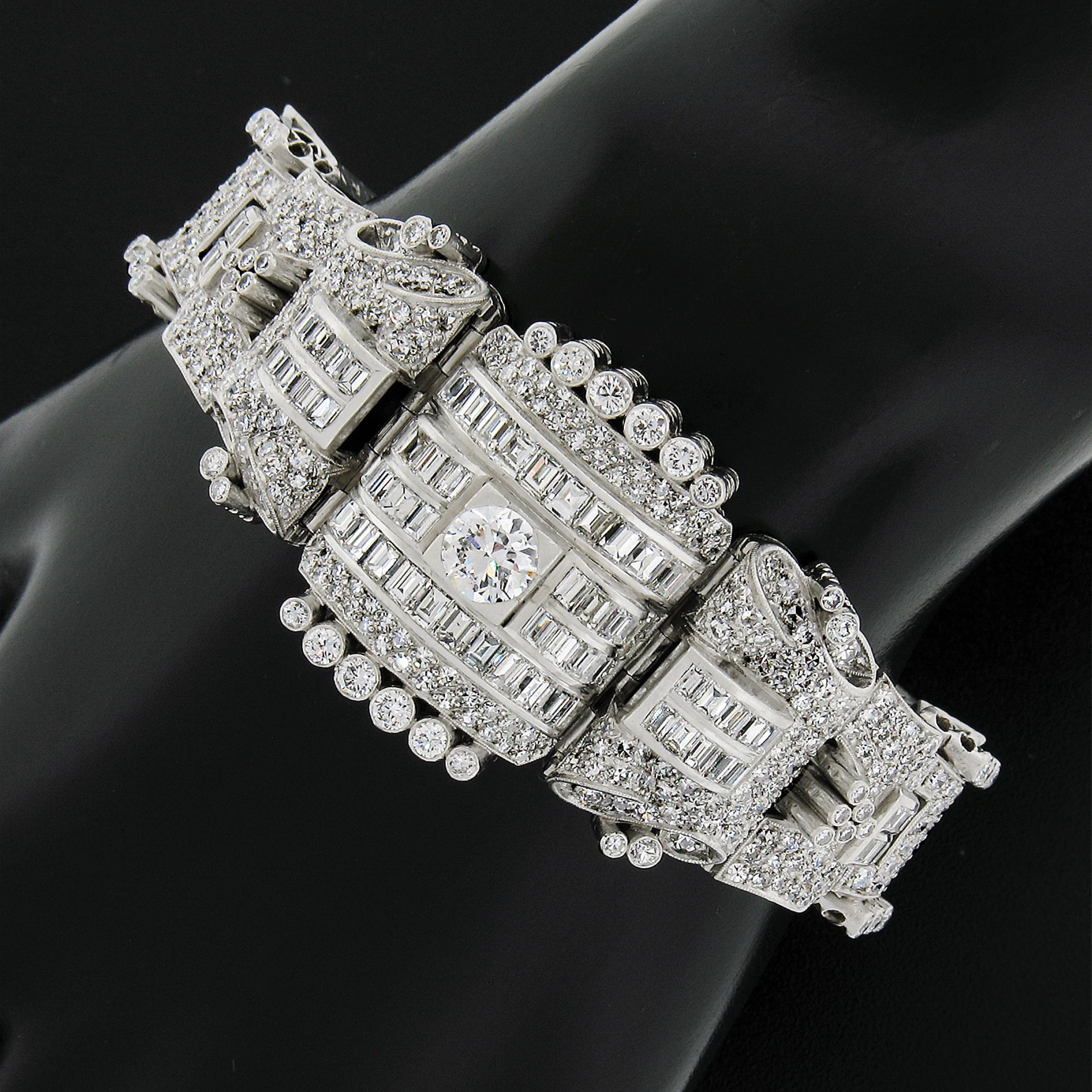 Vintage Platinum Old European & Baguette Diamond Fancy Link Statement Bracelet For Sale 1