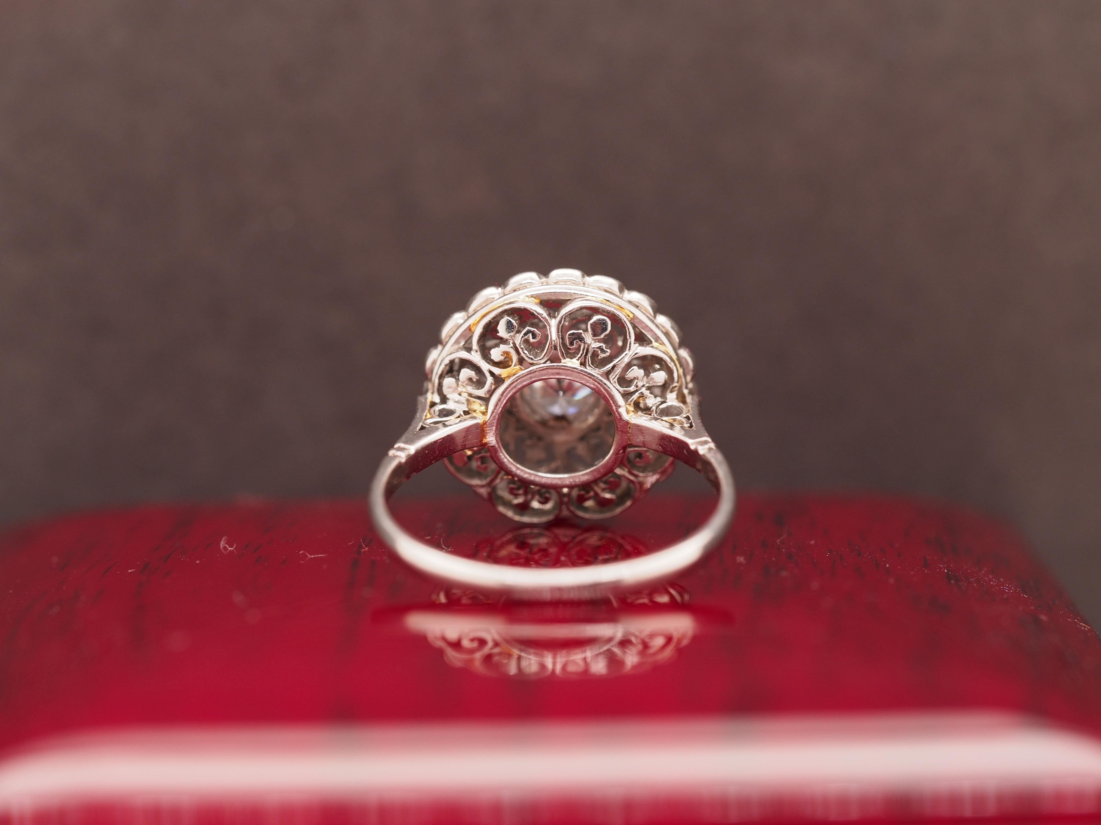 Vintage Platinum Old European Brilliant Target Ornate Engagement Ring In Good Condition For Sale In Atlanta, GA