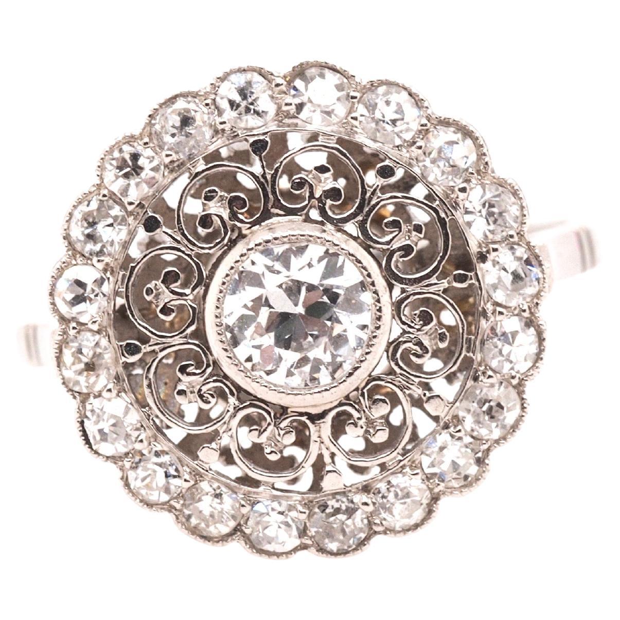 Vintage Platinum Old European Brilliant Target Ornate Engagement Ring For Sale