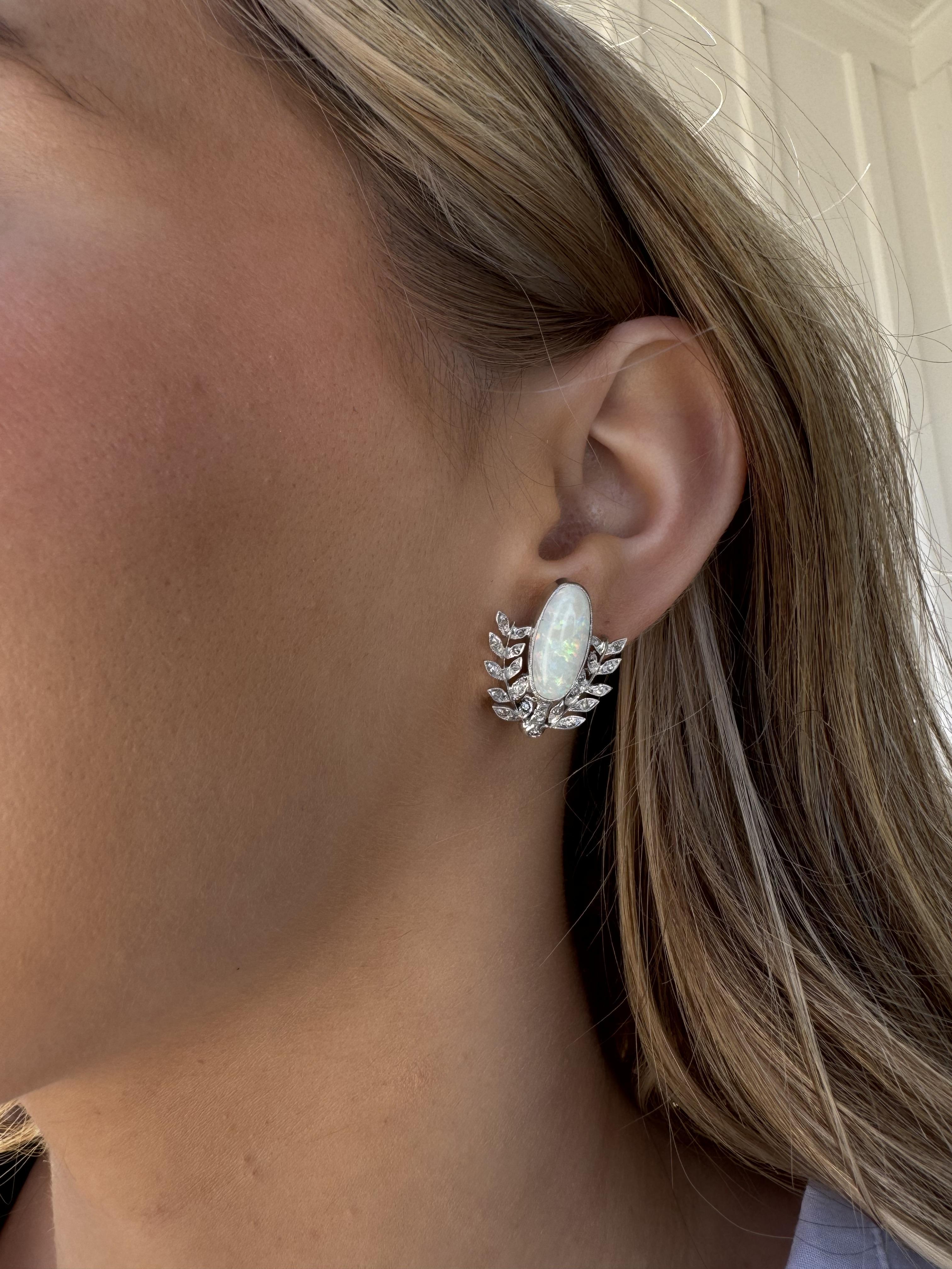 Art Deco Vintage Platinum Opal & Diamond Stud Earrings For Sale