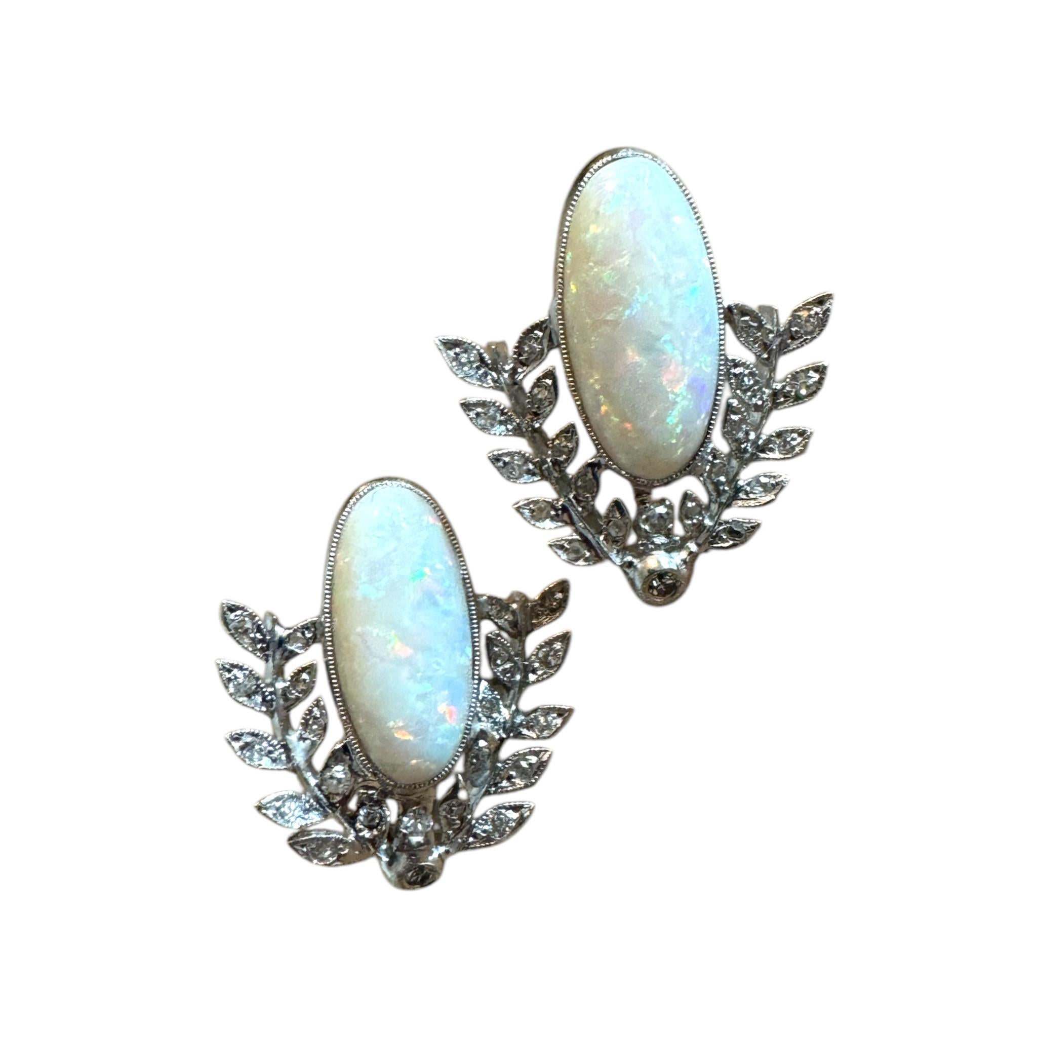 Cabochon Vintage Platinum Opal & Diamond Stud Earrings For Sale