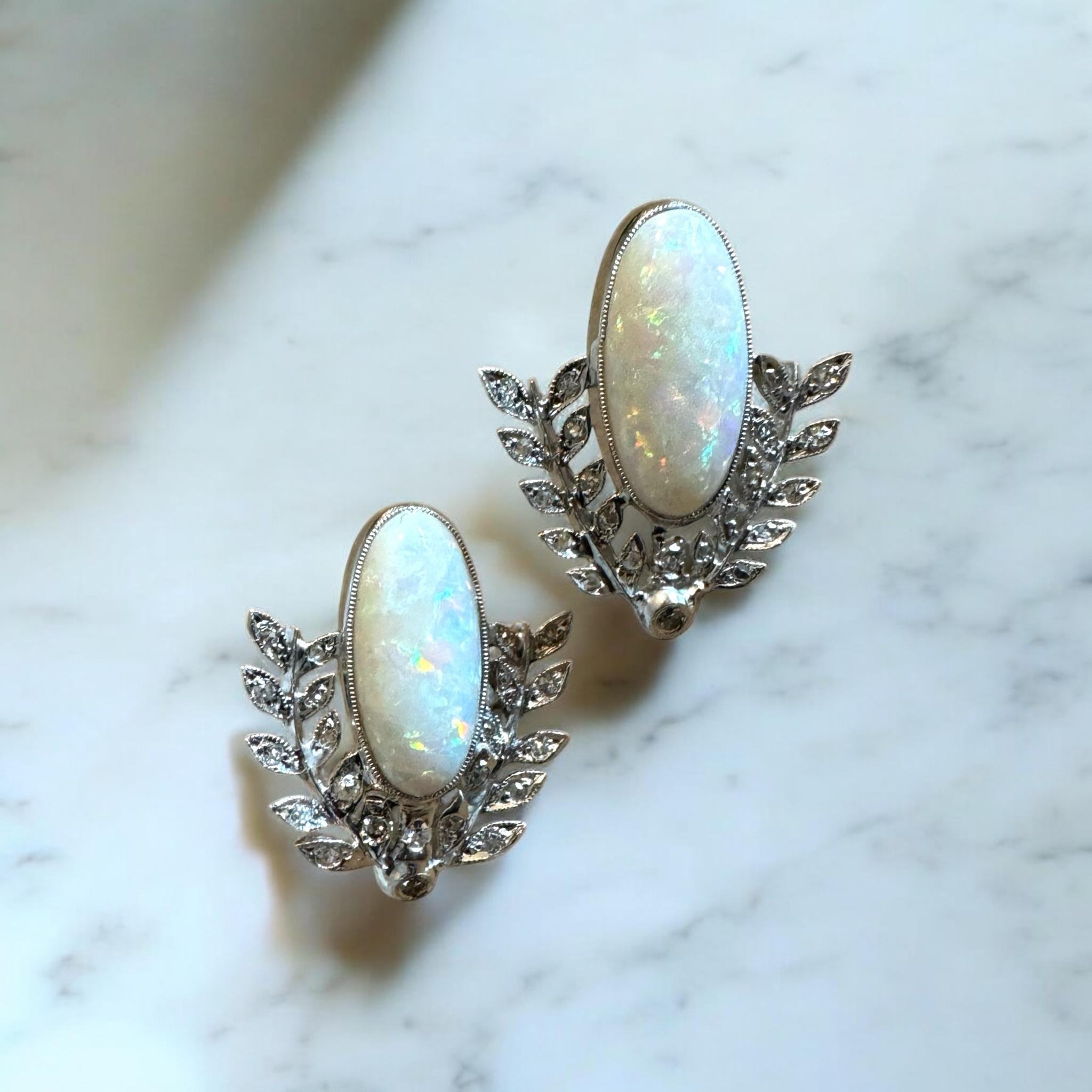 Vintage Platinum Opal & Diamond Stud Earrings For Sale 2