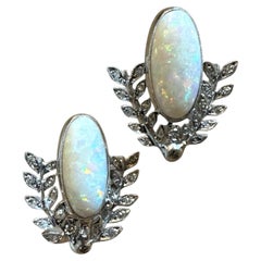 Vintage Platinum Opal & Diamond Stud Earrings