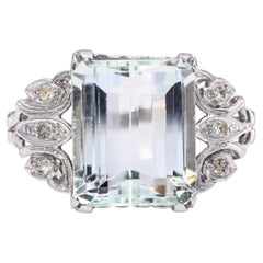 Vintage Platinum Openwork 6.52ct Aquamarine and Diamond Ring
