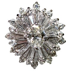 Vintage Platinum Oval Baguette Diamond Snowflake Cocktail Ring
