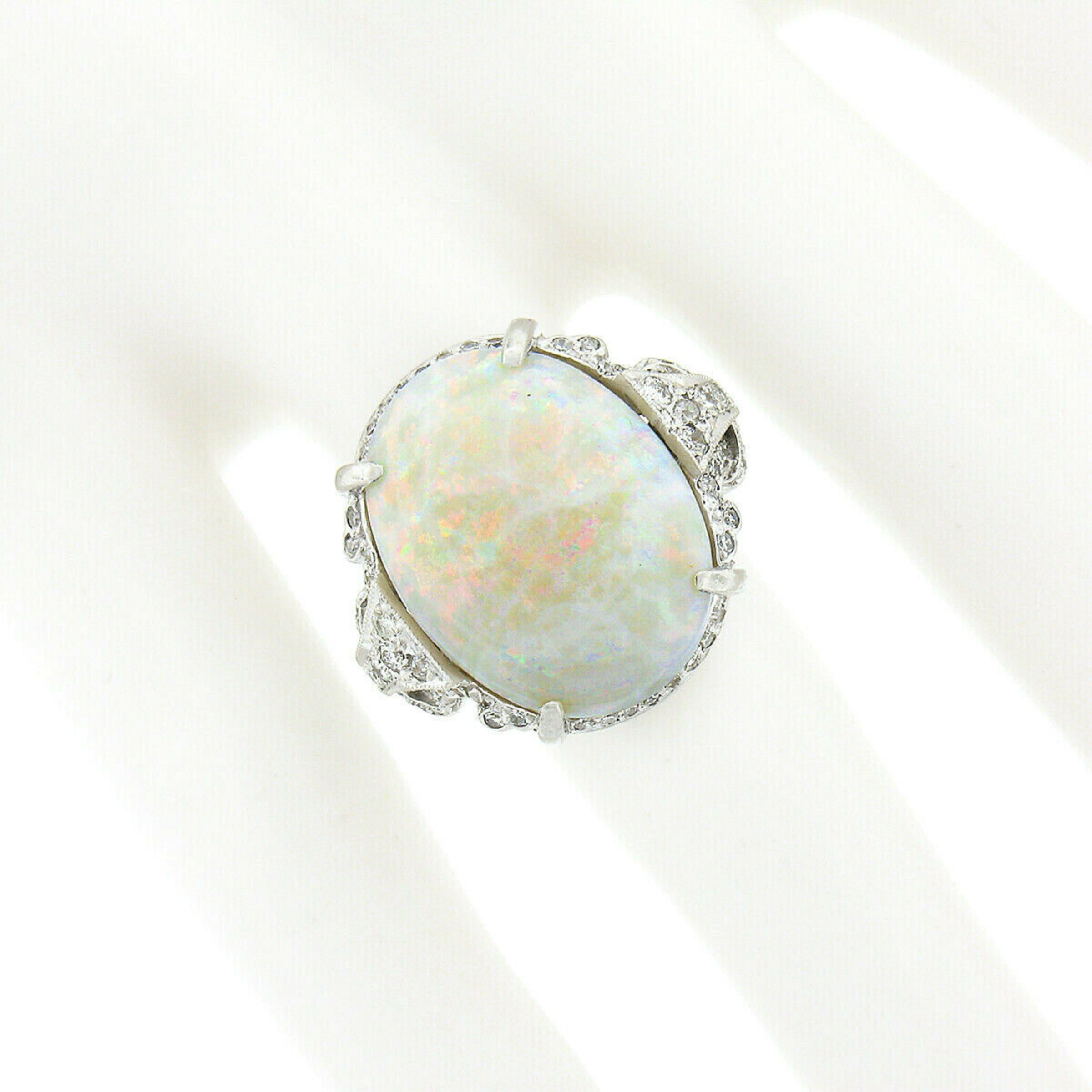Oval Cut Vintage Platinum Oval Cabochon Opal Solitaire w/ 0.95ctw Diamond Cocktail Ring