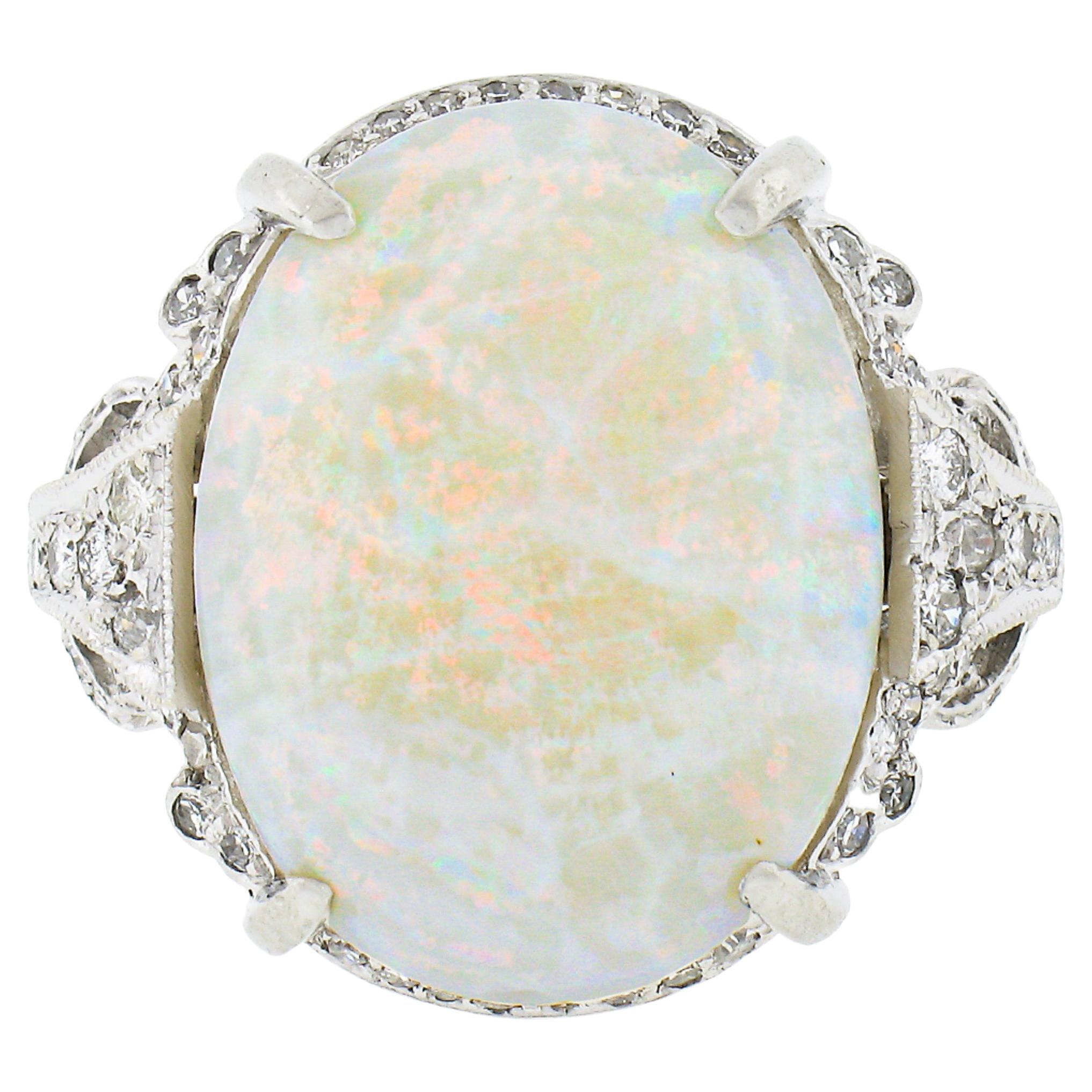 Vintage Platinum Oval Cabochon Opal Solitaire w/ 0.95ctw Diamond Cocktail Ring