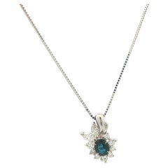 Vintage Platinum Oval Sapphire w/ Diamond Spray Pendant on Adjustable Box Chain